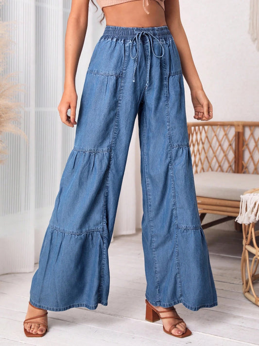 CM-BS853075 Women Casual Seoul Style Medium Wash Drawstring Waist Wide Leg Jeans