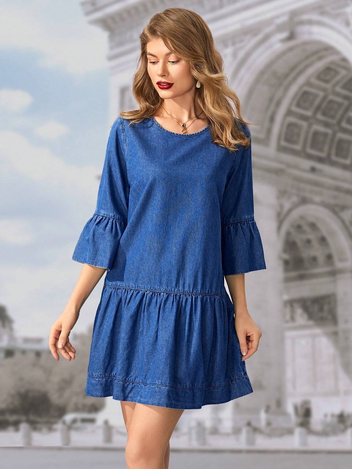 CM-DS202092 Women Casual Seoul Style Dark Wash Flare Sleeve Ruffle Hem Denim Dress