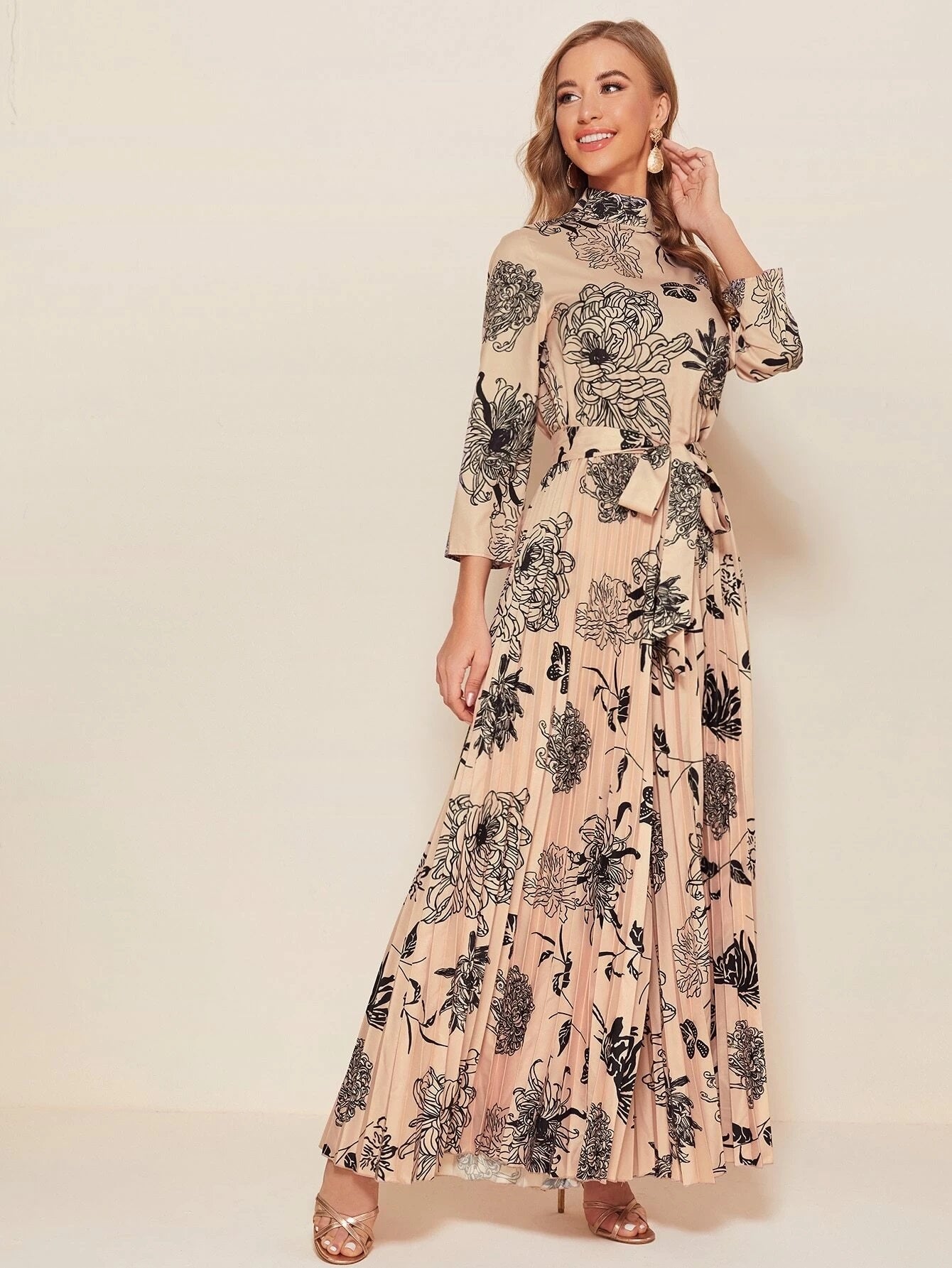 CM-JS420186 Women Trendy Bohemian Style Mock-Neck Self Belted Wide Leg Pleated Floral Jumpsuit