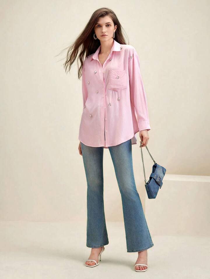 CM-TS839563 Women Casual Seoul Style Oversized Striped Diamond Decoration Shirt - Pink