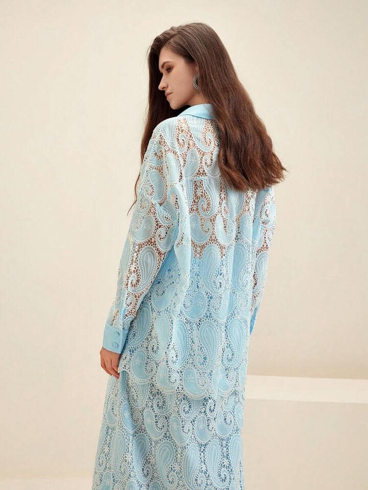 CM-TS864141 Women Elegant Seoul Style Oversized Hollow Out Paisley Embroidery Shirt - Baby Blue