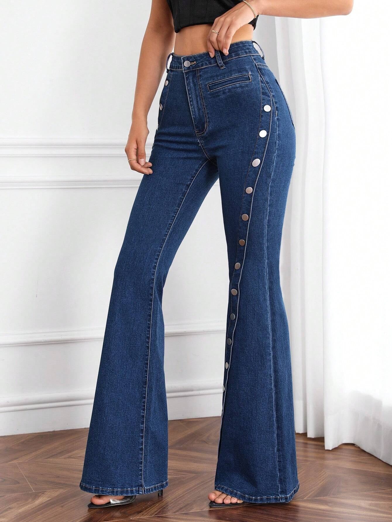 CM-BS938932 Women Casual Seoul Style Dark Wash Button Detail Flare Leg Jeans