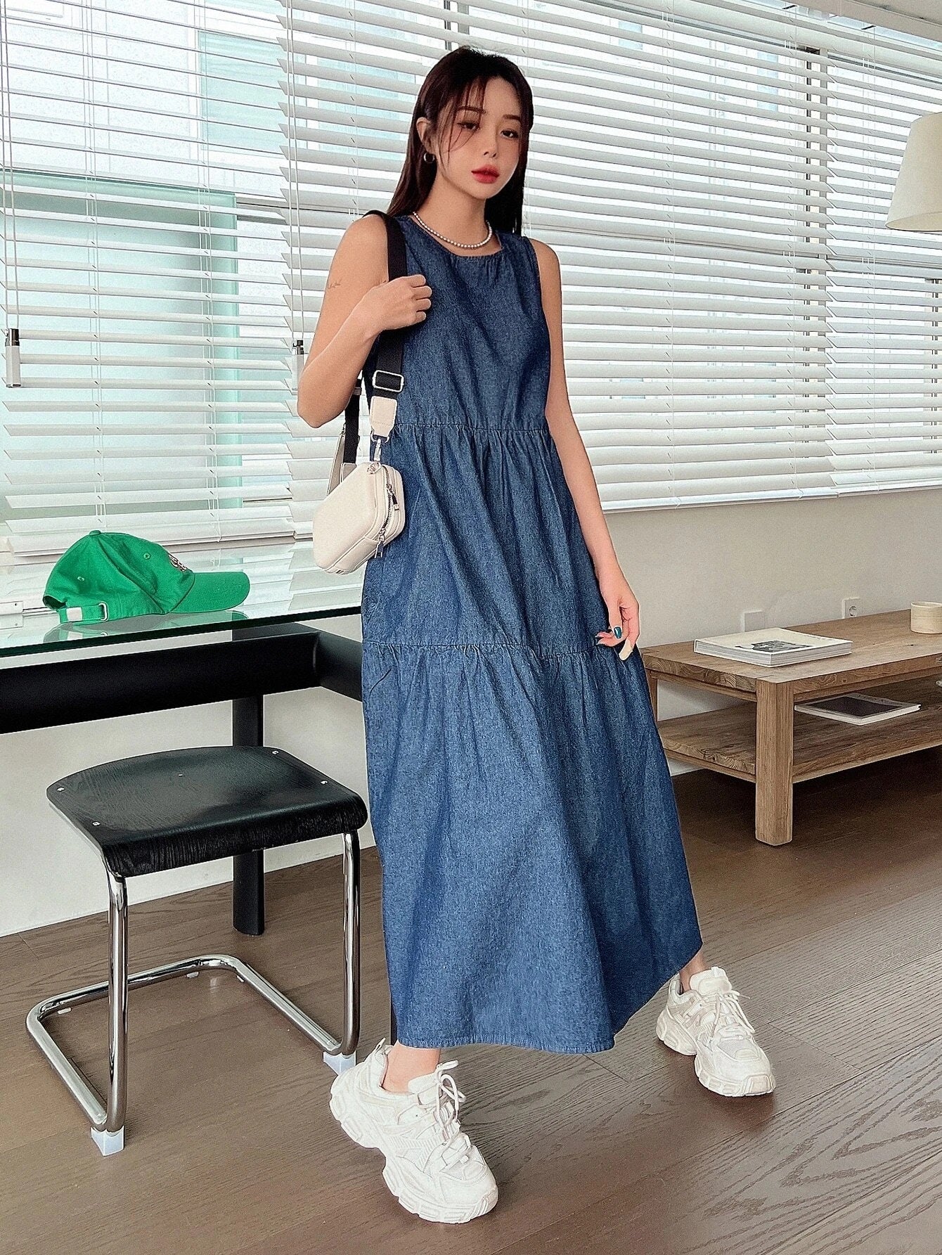 CM-DS222286 Women Casual Seoul Style Dark Wash Ruffle Hem Denim Smock Dress