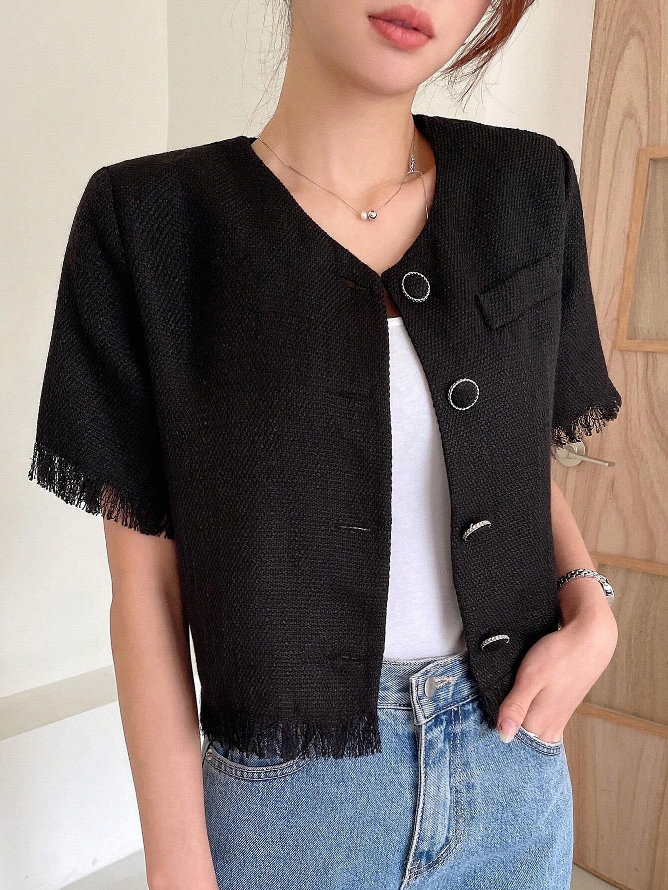 CM-TS199329 Women Casual Seoul Style Solid Button Front Raw Hem Crop Blouse - Black