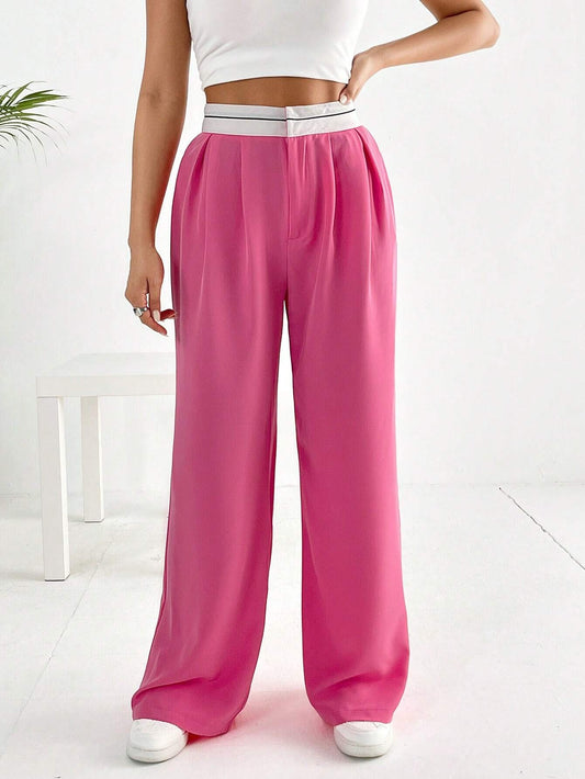 CM-BS503696 Women Casual Seoul Style Striped Waistband Wide Leg Pants - Hot Pink