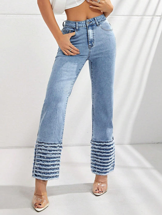 CM-BS076701 Women Preppy Seoul Style Light Wash Raw Hem Flare Leg Jeans