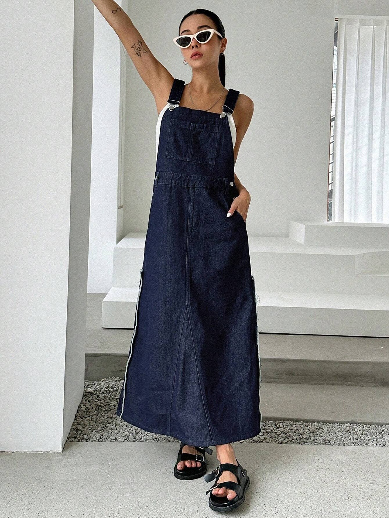 CM-DS985371 Women Preppy Seoul Style Slant Pocket Overall Denim Dress - Blue