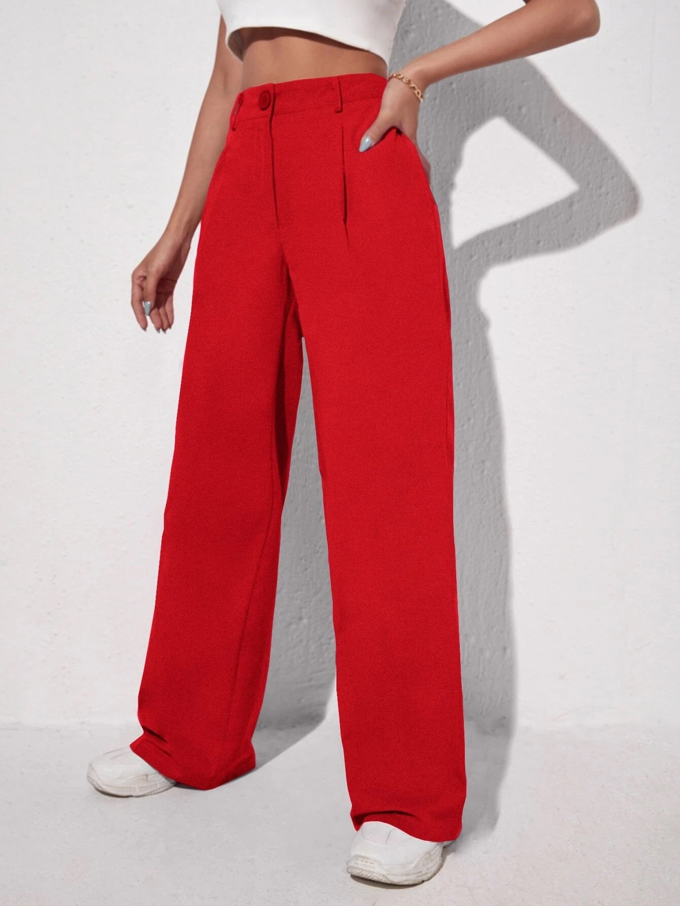 CM-BS245342 Women Elegant Seoul Style Solid Slant Pocket Wide Leg Pants - Red