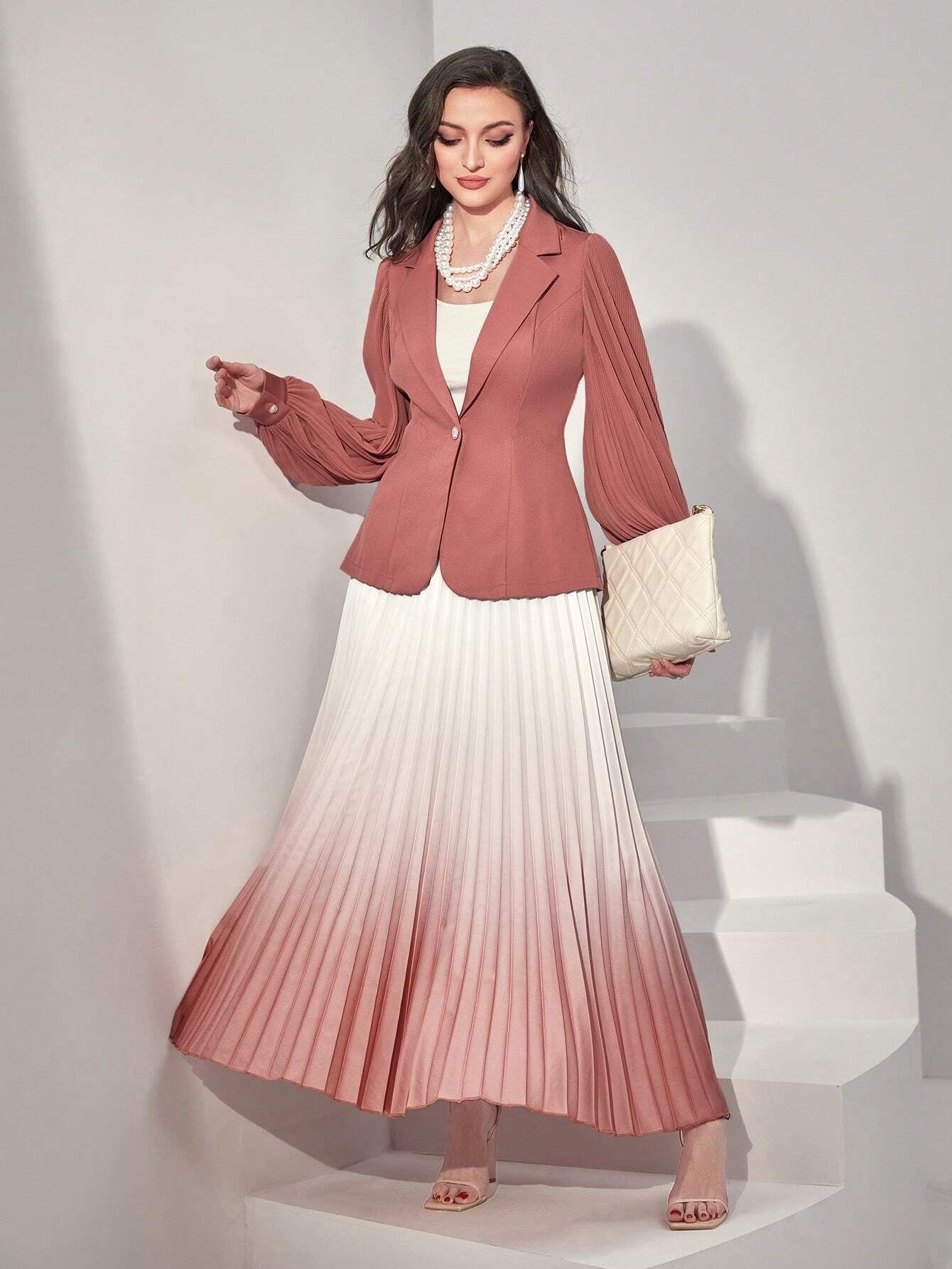 CM-BS181281 Women Elegant Seoul Style Ombre Pleated Skirt - Pink