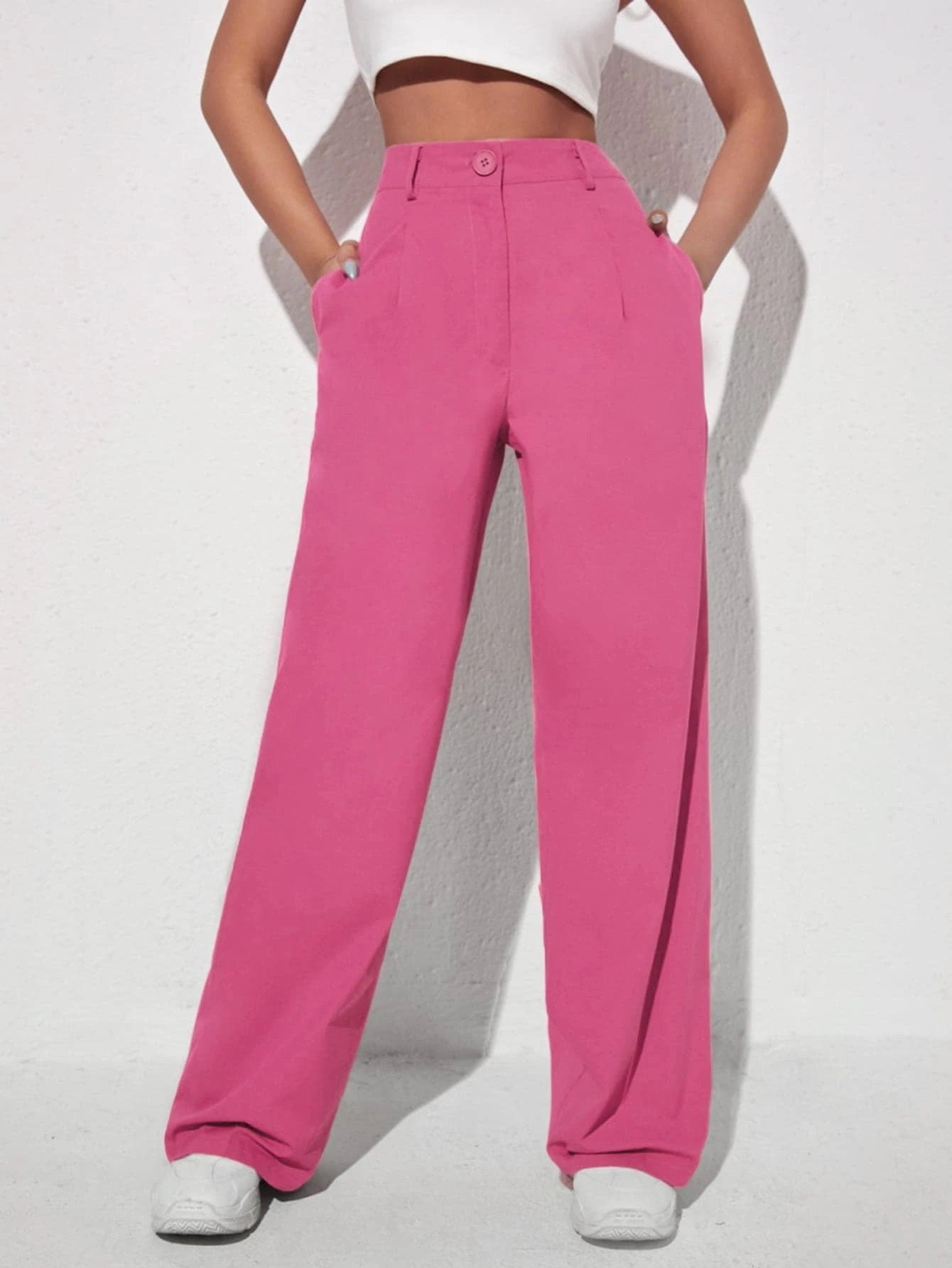 CM-BS247347 Women Elegant Seoul Style Solid Slant Pocket Wide Leg Pants - Pink