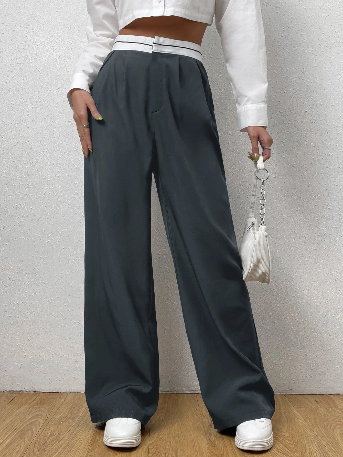 CM-BS594463 Women Casual Seoul Style Striped Waistband Wide Leg Pants - Dark Gray