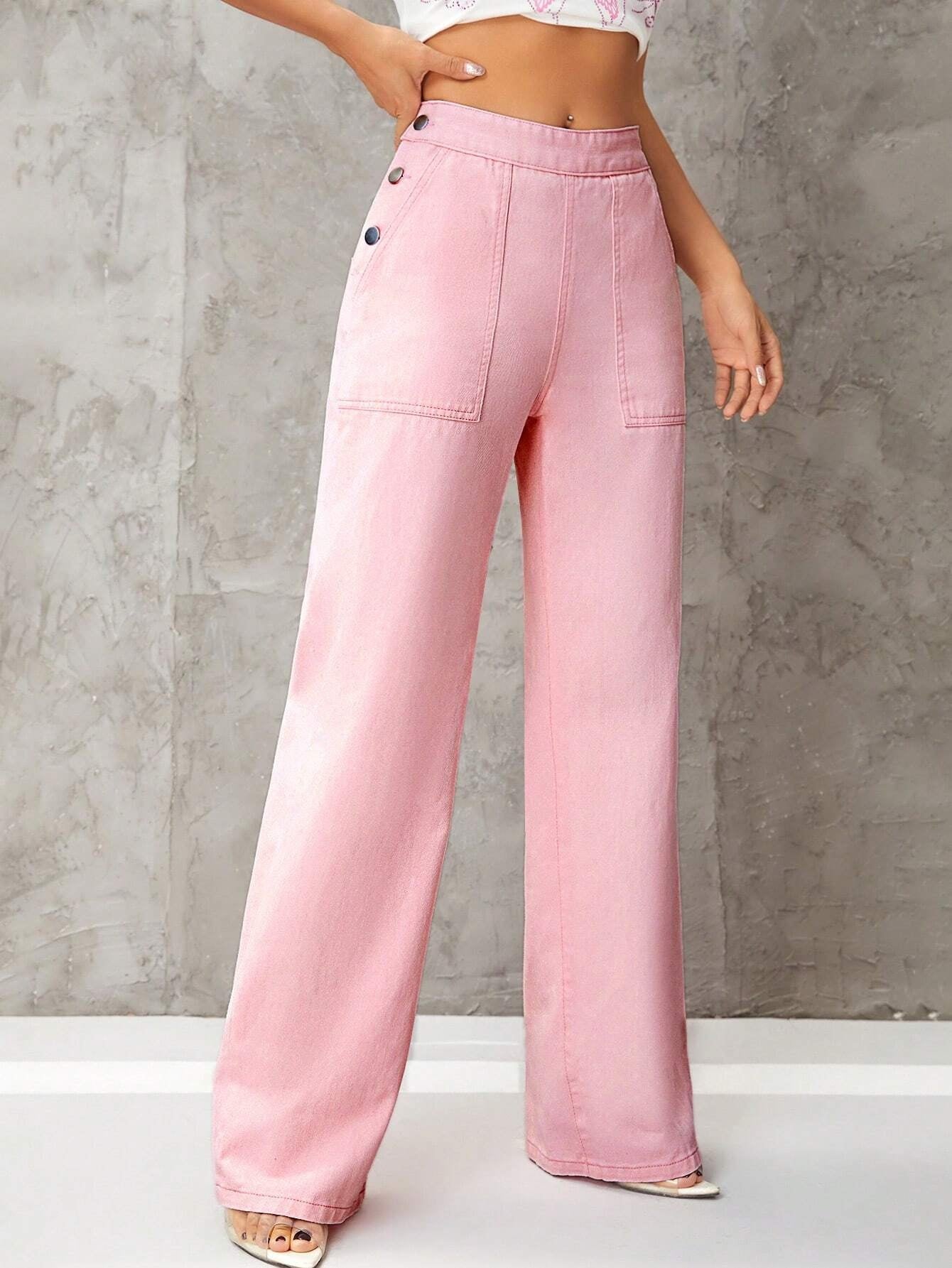 CM-BS192030 Women Casual Seoul Style High Waist Button Detail Wide Leg Jeans - Pink
