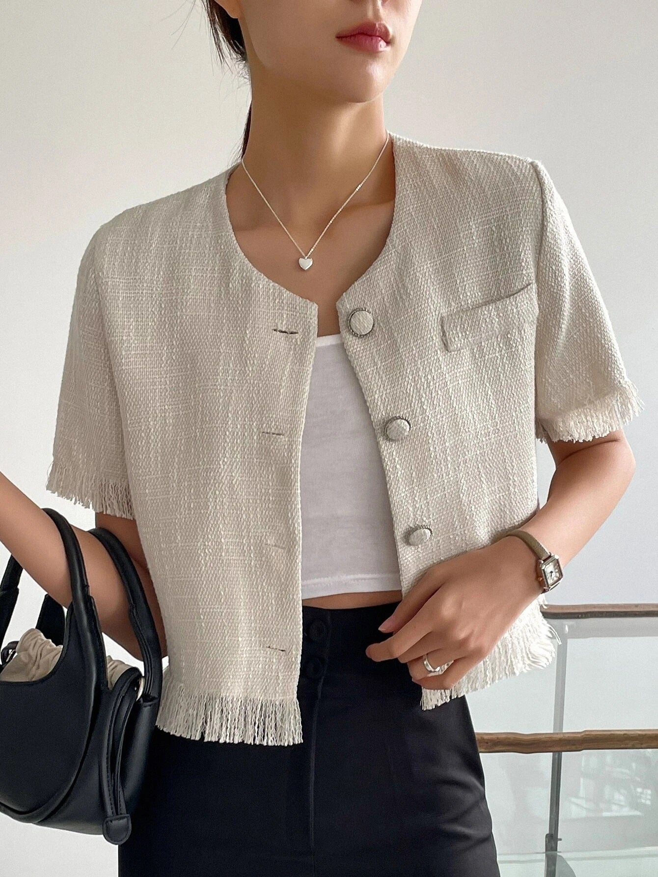 CM-TS168400 Women Casual Seoul Style Solid Button Front Raw Hem Crop Blouse - Apricot