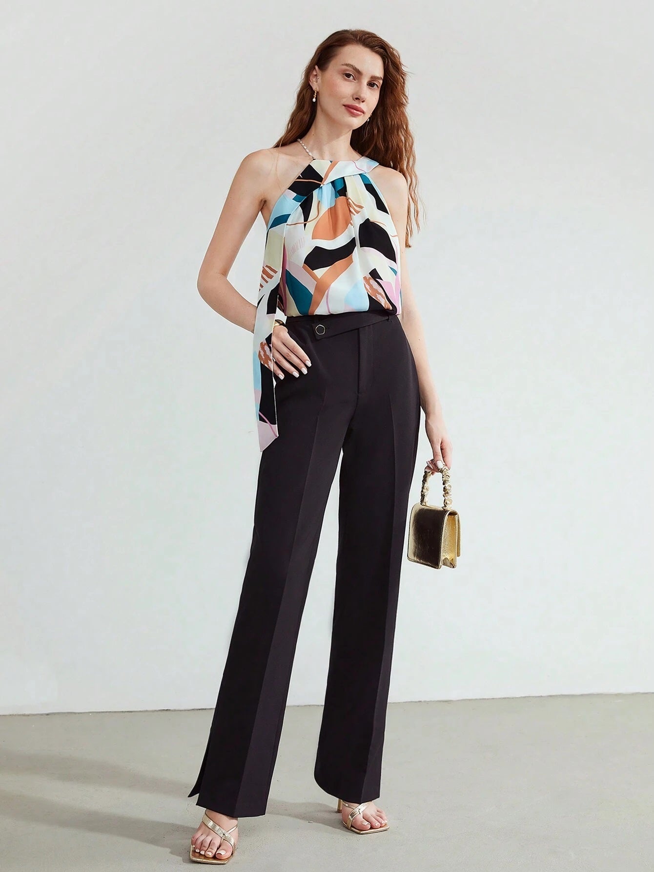 CM-TS411579 Women Elegant Seoul Styel Sleeveless Geometric Print Draped Blouse