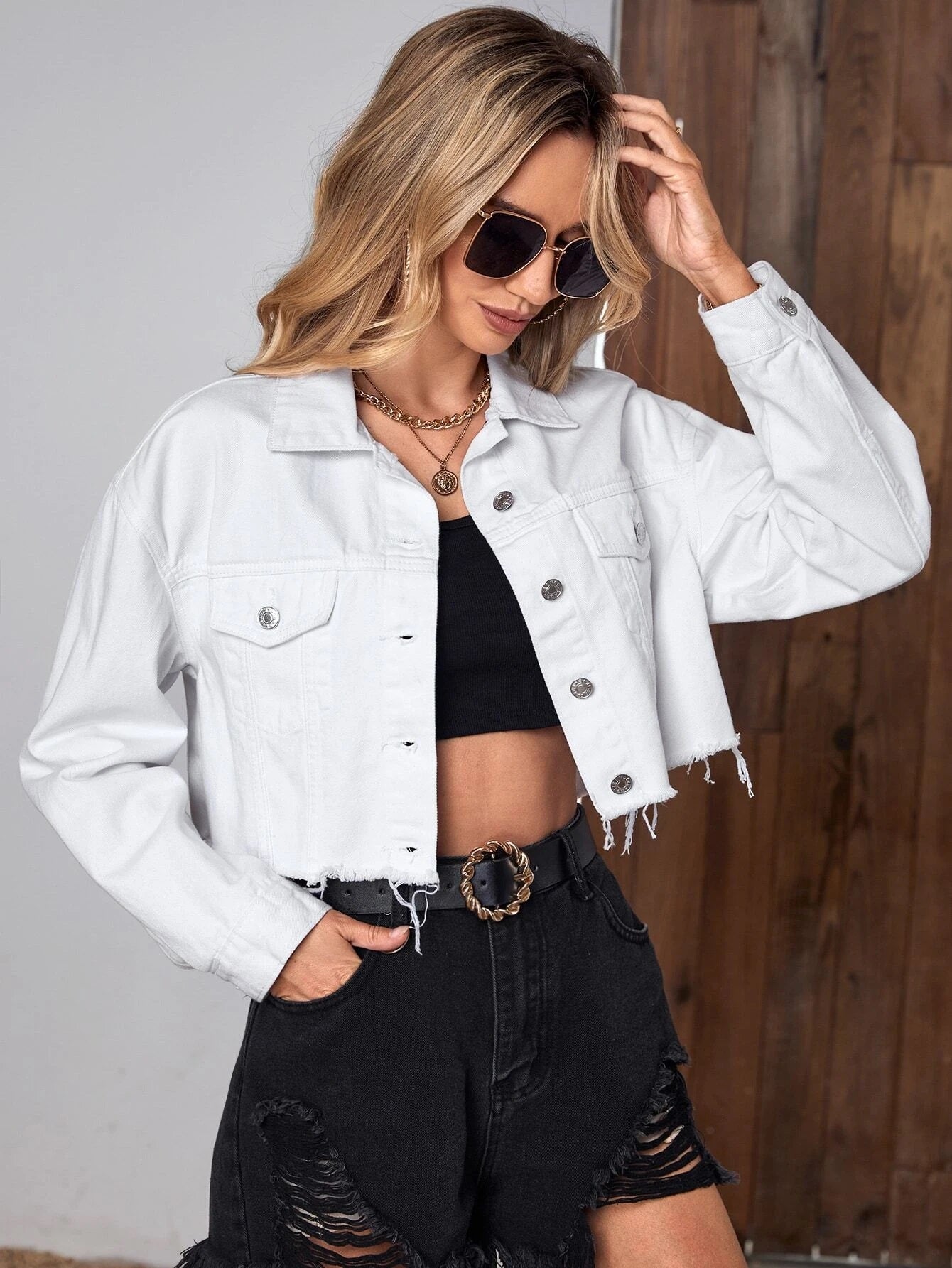 CM-CS666646 Women Casual Seoul Style Flap Pocket Raw Hem Denim Jacket - White