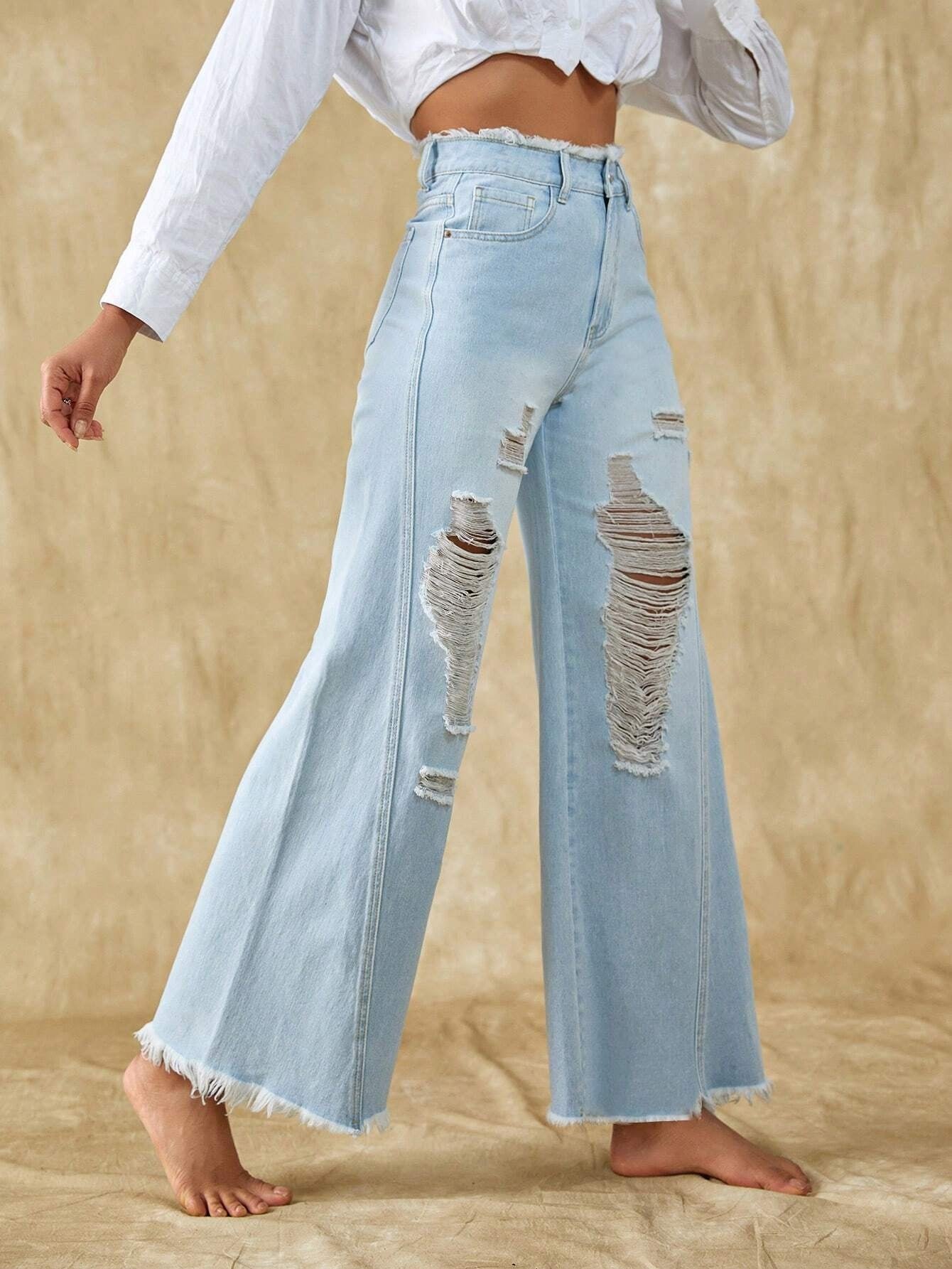 CM-BS716173 Women Casual Seoul Style Light Wash Ripped Raw Hem Wide Leg Jeans