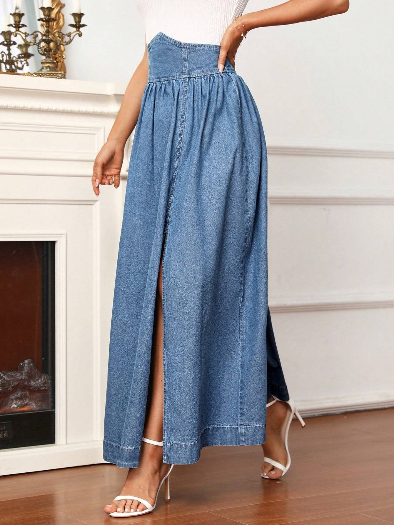 CM-BS584335 Women Casual Seoul Style Medium Wash High Waist Split Thigh Denim Skirt