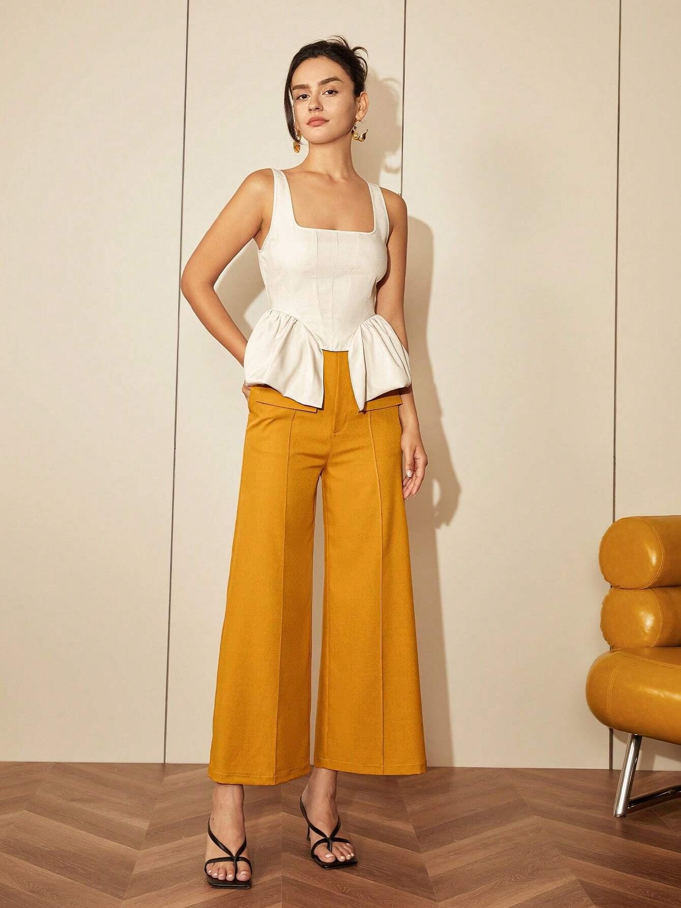 CM-TS657161 Women Casual Seoul Style Square Neck Asymmetrical Hem Top - Beige