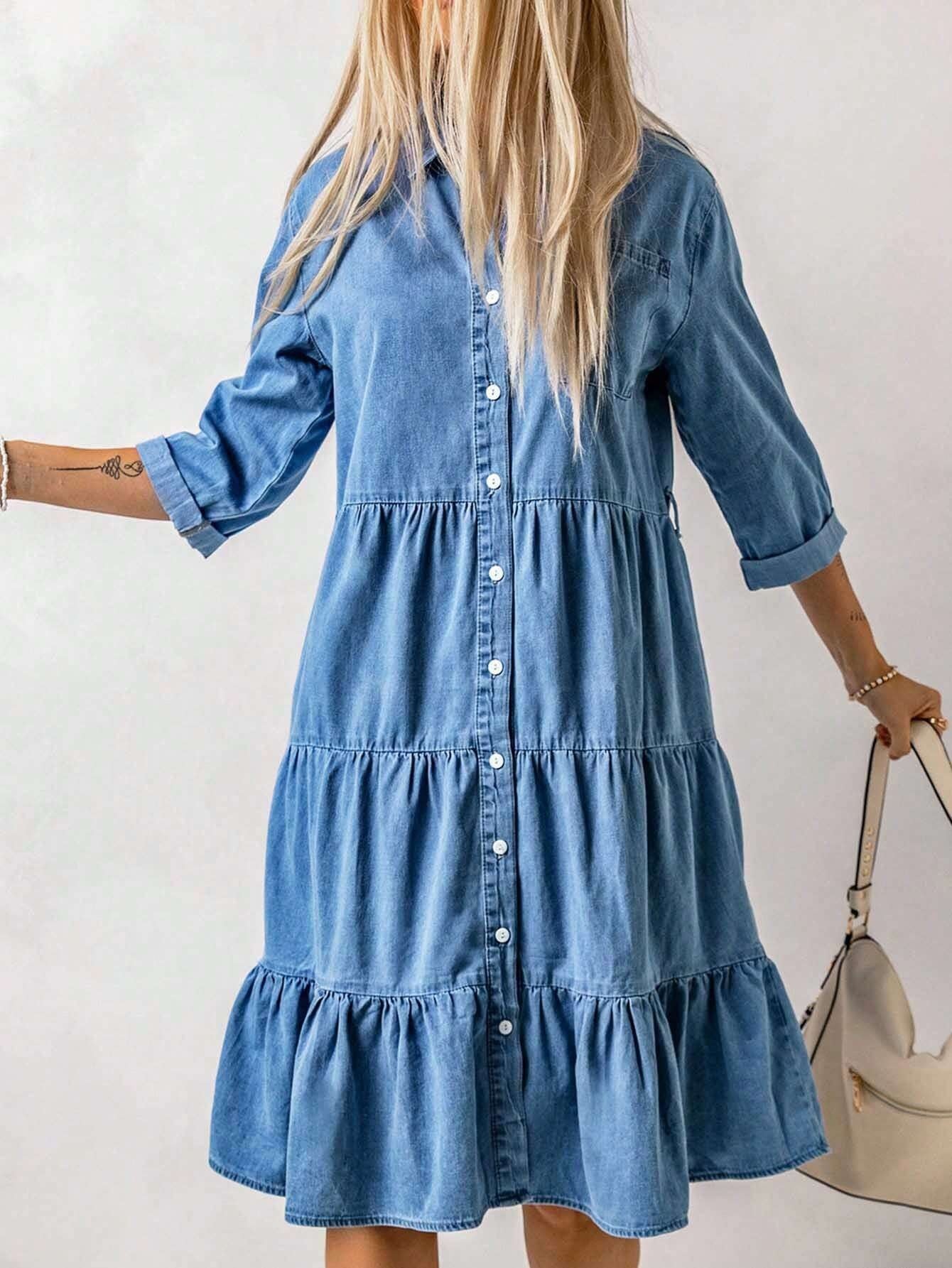 CM-DS276063 Women Preppy Seoul Style Ruffle Hem Button Front Denim Dress - Blue