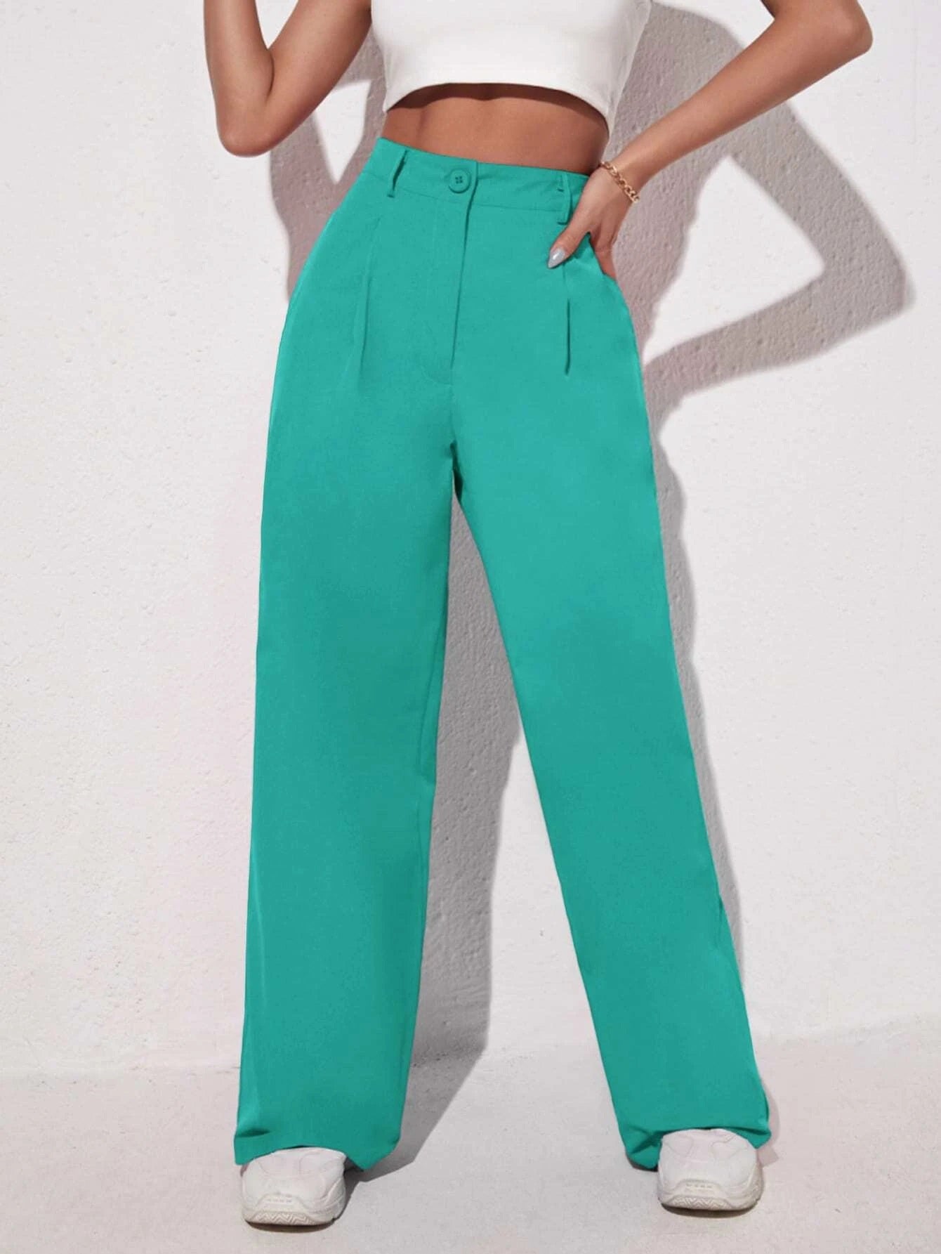 CM-BS437830 Women Elegant Seoul Style Solid Slant Pocket Wide Leg Pants - Mint Blue