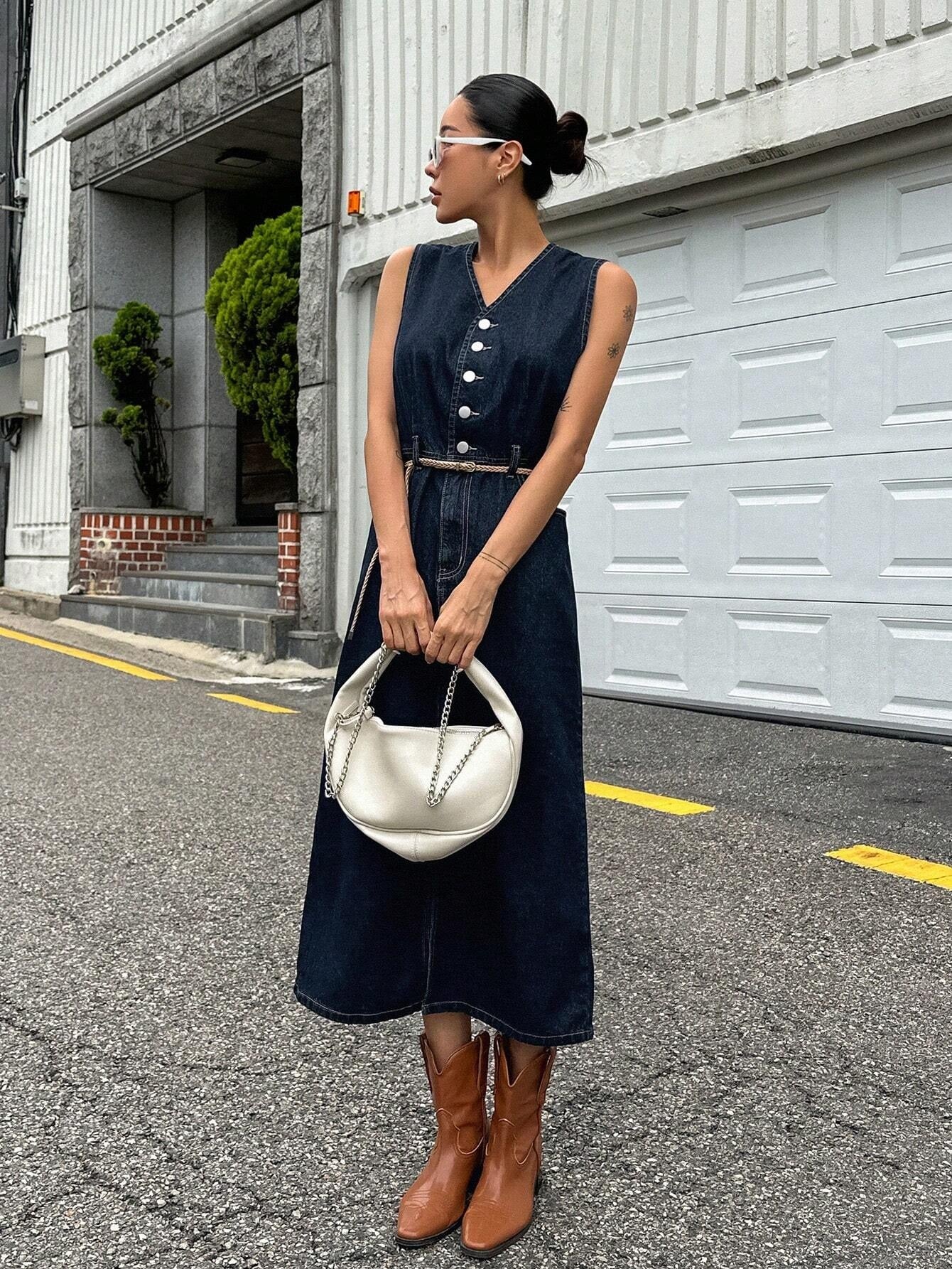 CM-DS407092 Women Casual Seoul Style Dark Wash Button Front Sleeveless Split Thigh Denim Dress