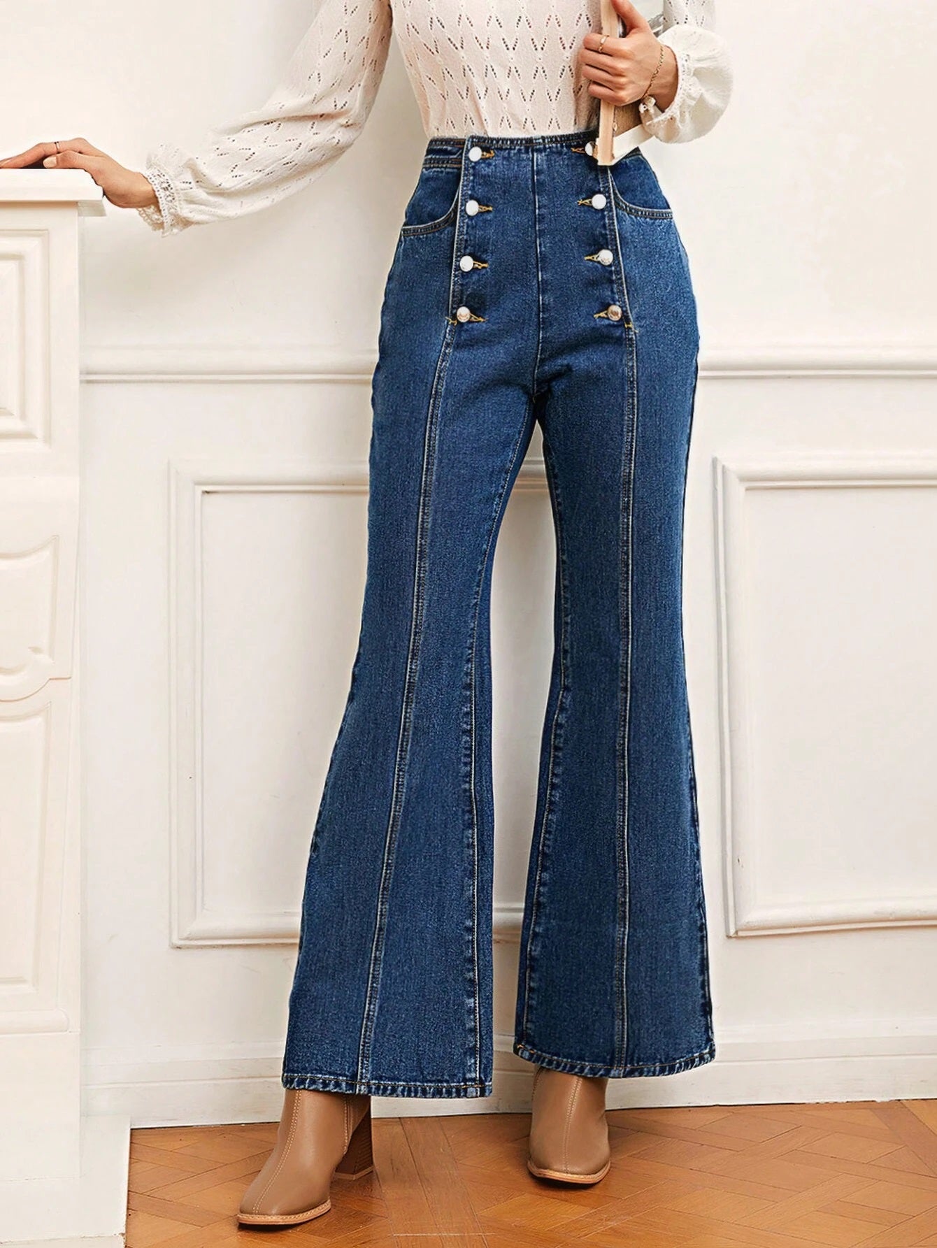 CM-BS341700 Women Casual Seoul Style Dark Wash High Waist Double Breasted Flare Leg Jeans
