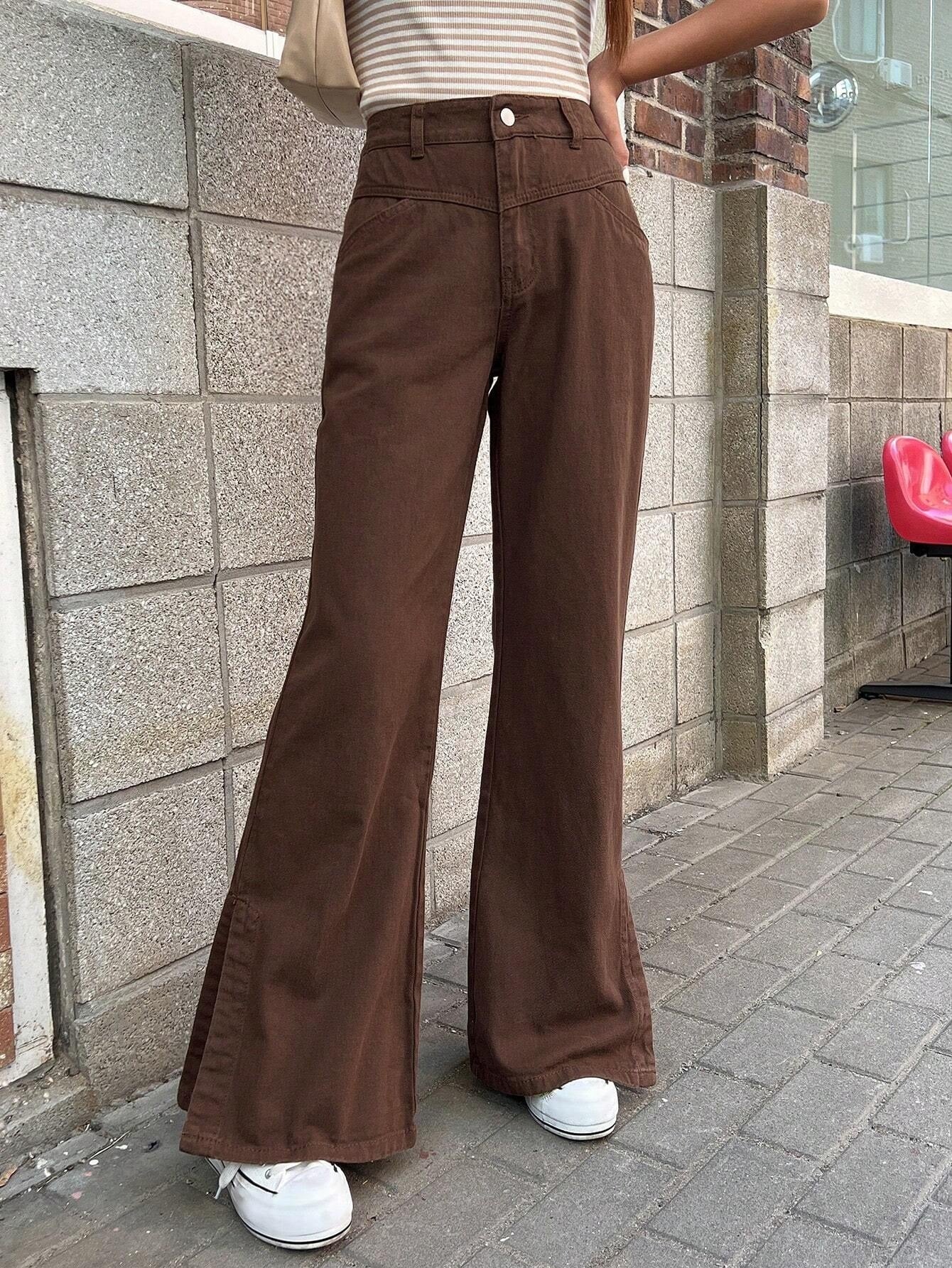 CM-BS292422 Women Casual Seoul Style Drop Waist Solid Flare Leg Jeans - Brown
