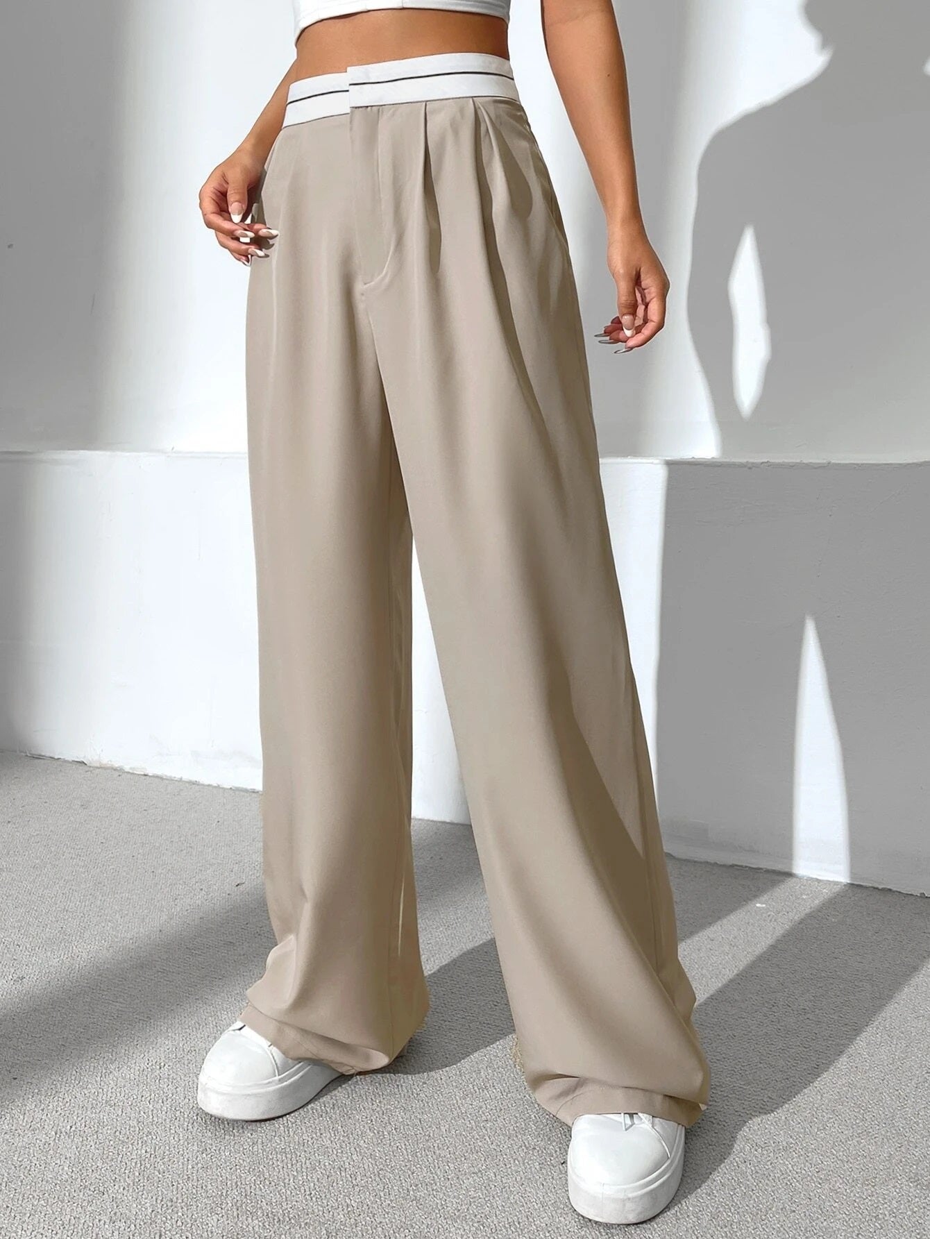 CM-BS933064 Women Casual Seoul Style Striped Waistband Wide Leg Pants - Apricot