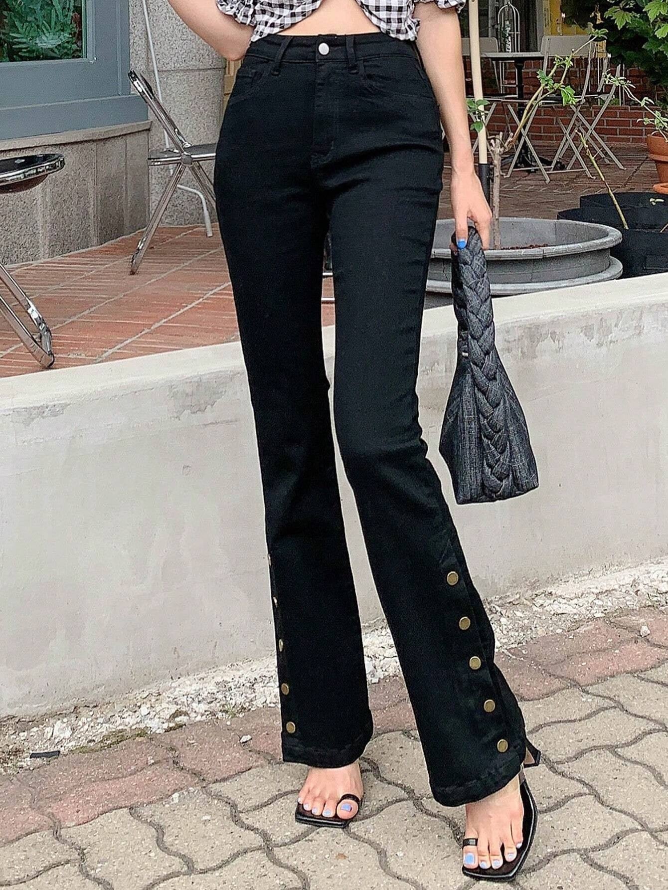 CM-BS904004 Women Casual Seoul Style Solid Button Detail Flare Leg Jeans - Black
