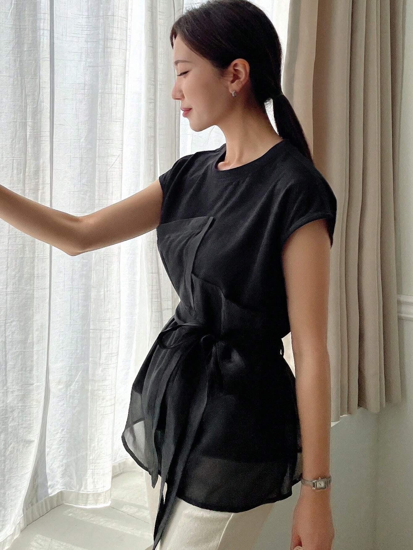 CM-TS603303 Women Casual Seoul Style Solid Belted Mesh Overlay Belted Tee - Black