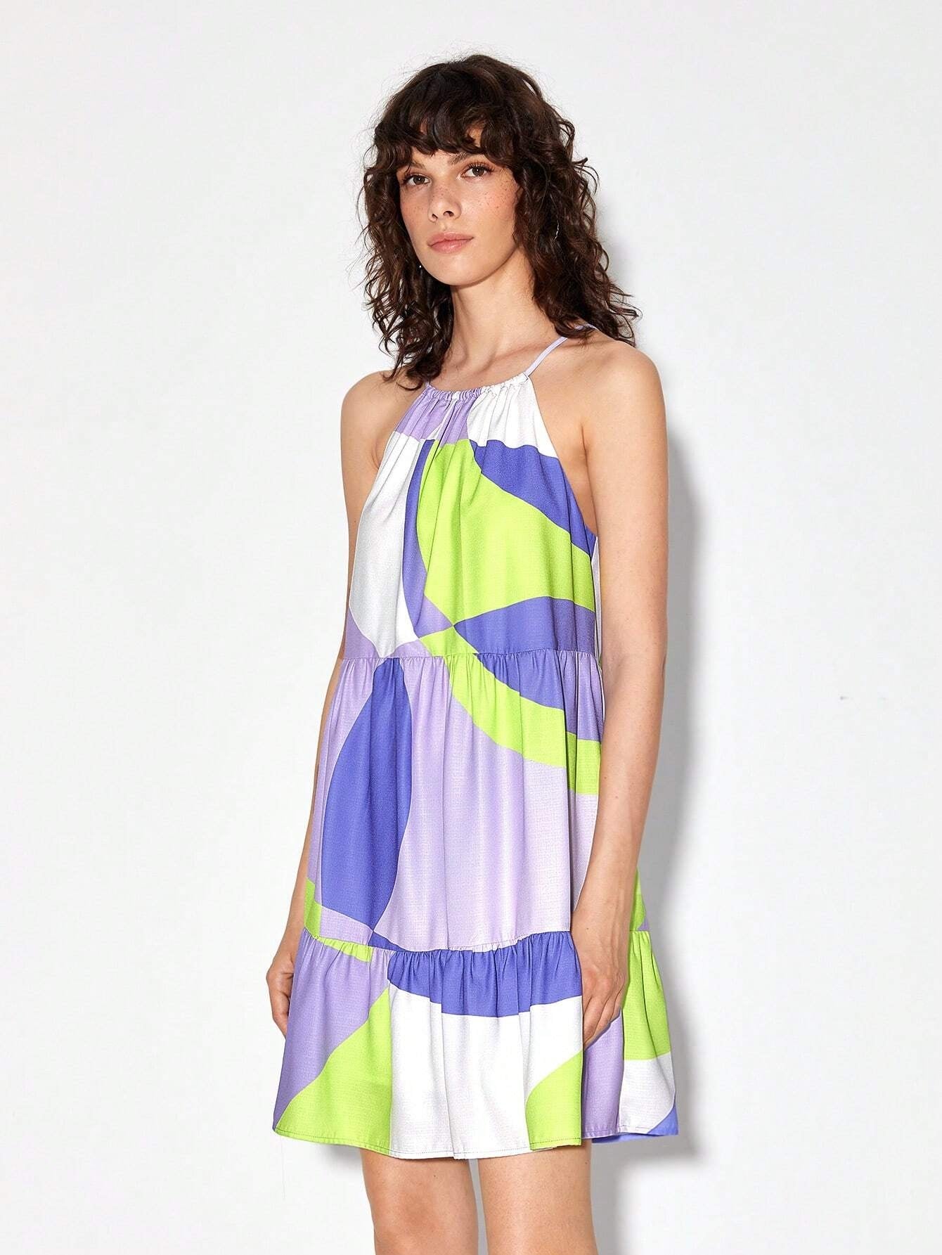 CM-DS824168 Women Casual Seoul Style Sleeveless Colorblock Ruffle Hem Cami Dress