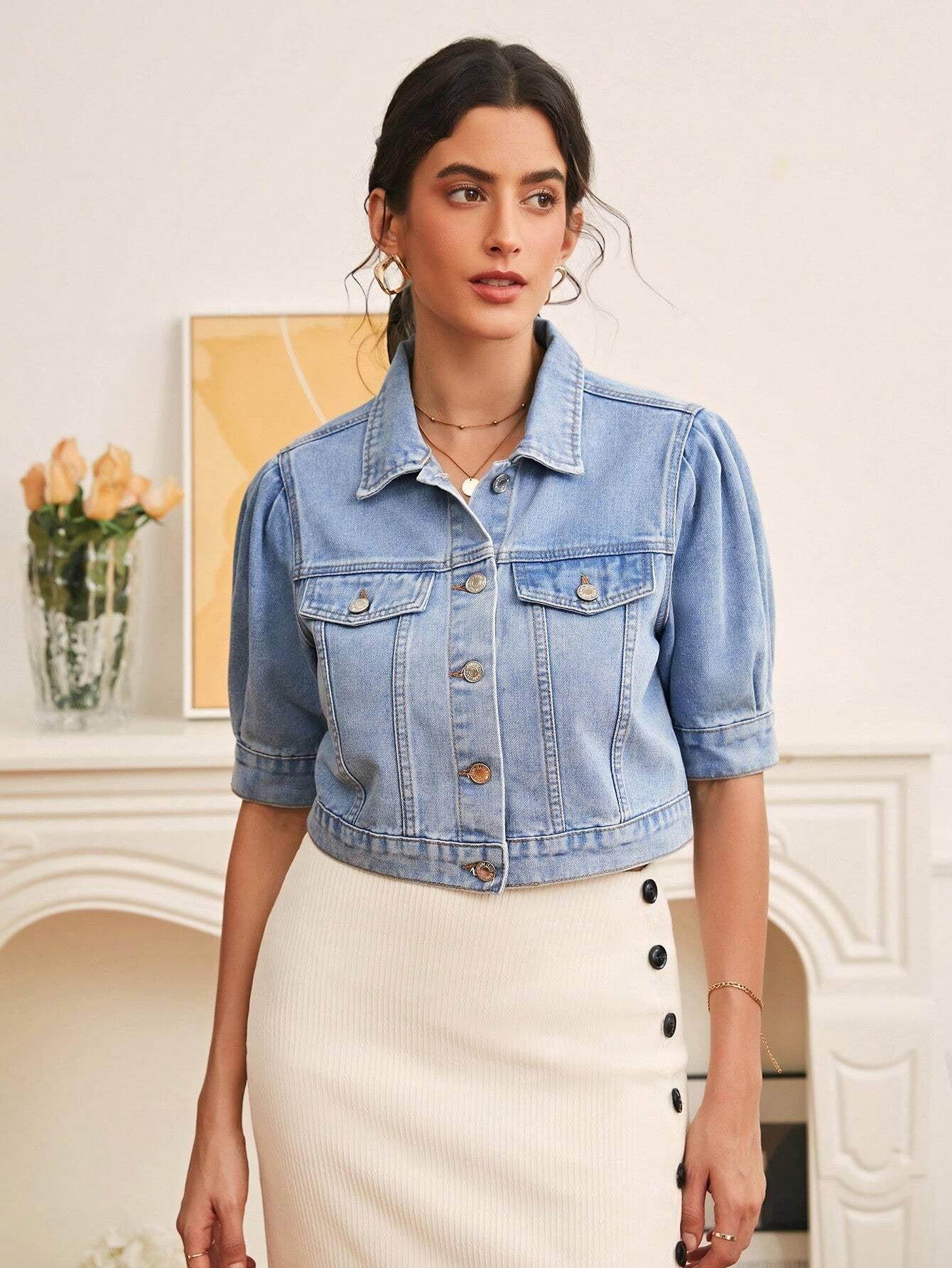 CM-CS629892 Women Casual Seoul Style Light Wash Flap Detail Button Front Denim Jacket