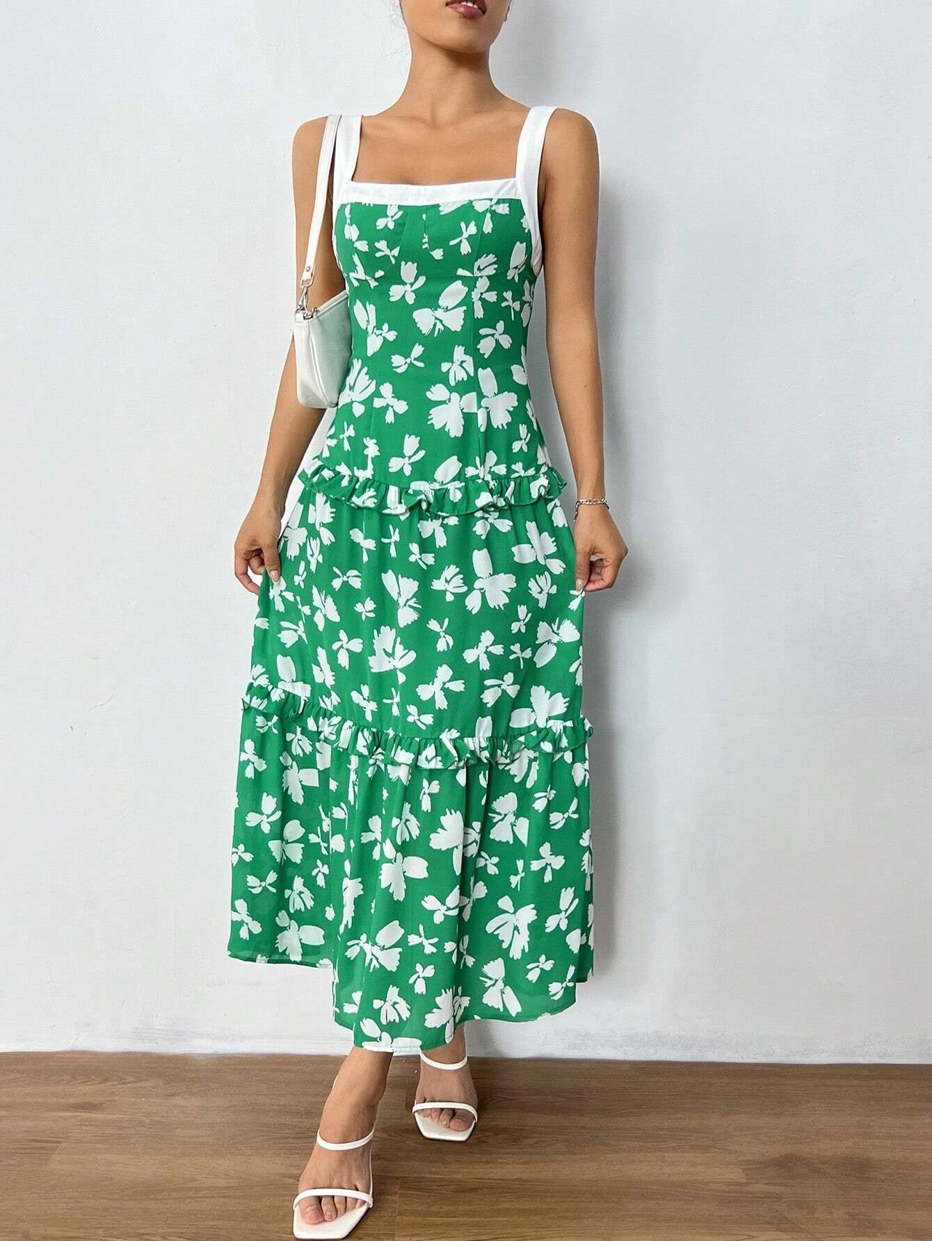 CM-DS977995 Women Casual Seoul Style Sleeveless Allover Print Ruffle Hem Dress