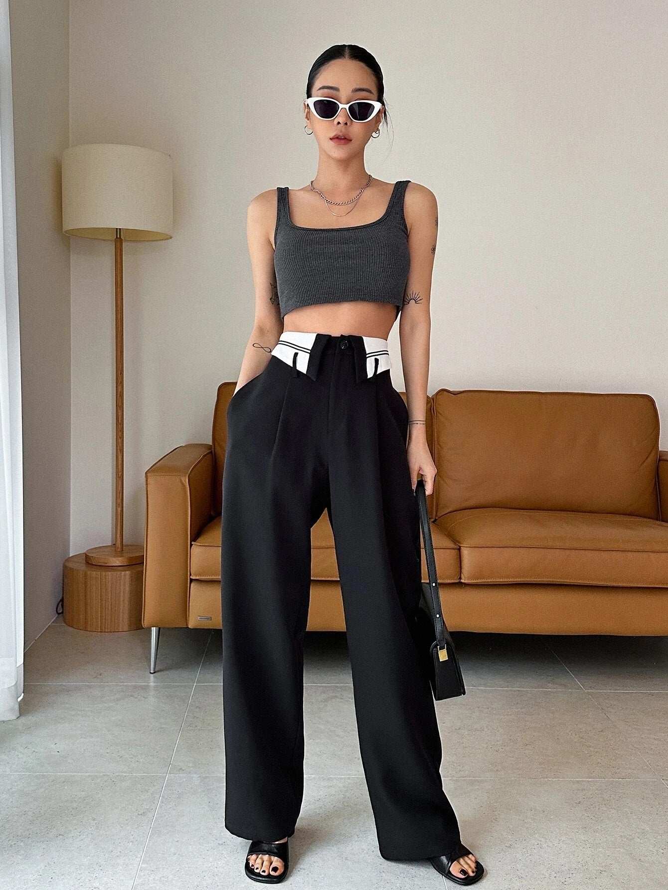 CM-BS225123 Women Casual Seoul Style High Waist Wide Leg Suit Pants - Black
