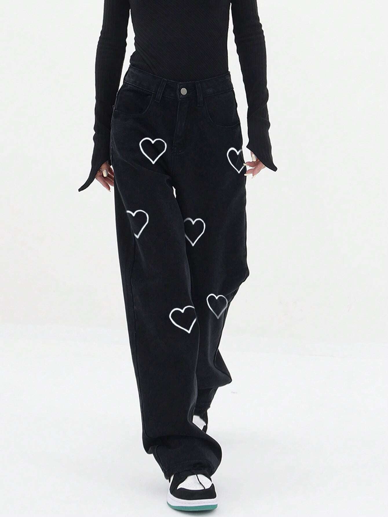 CM-BS499231 Women Casual Seoul Style High Waist Heart Print Wide Leg Jeans - Black