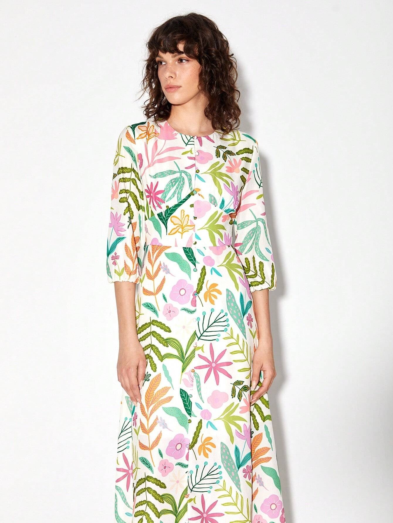 CM-DS117109 Women Trendy Bohemian Style Round Neck Floral Print A-Line Dress