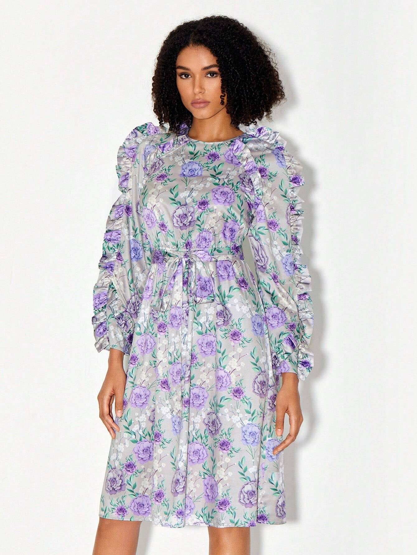 CM-DS466541 Women Elegant Seoul Style Round Neck Floral Print Ruffle Trim Belted Dress