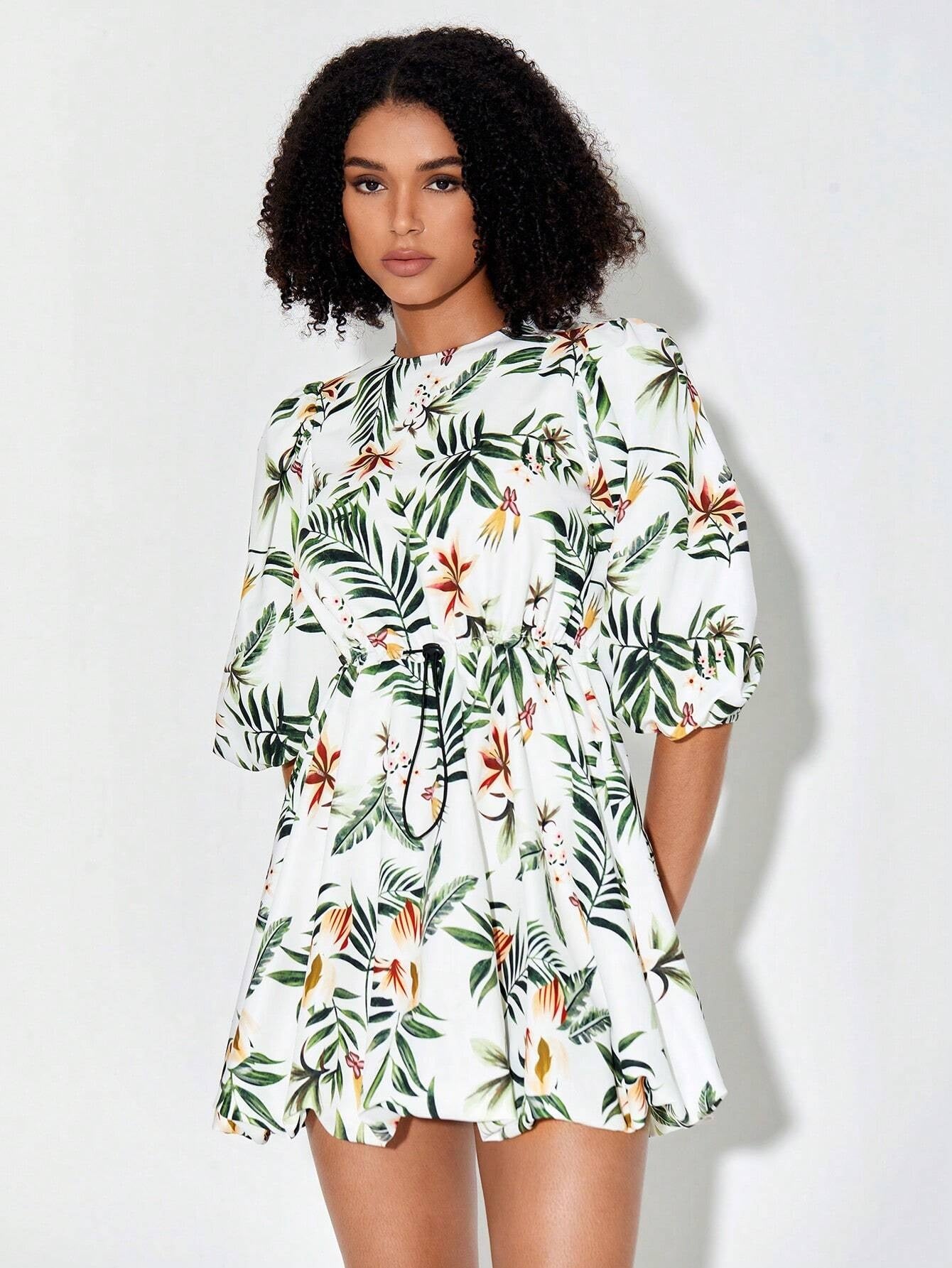 CM-DS220570 Women Trendy Bohemian Style Tropical Print Puff Sleeve Drawstring Waist Dress