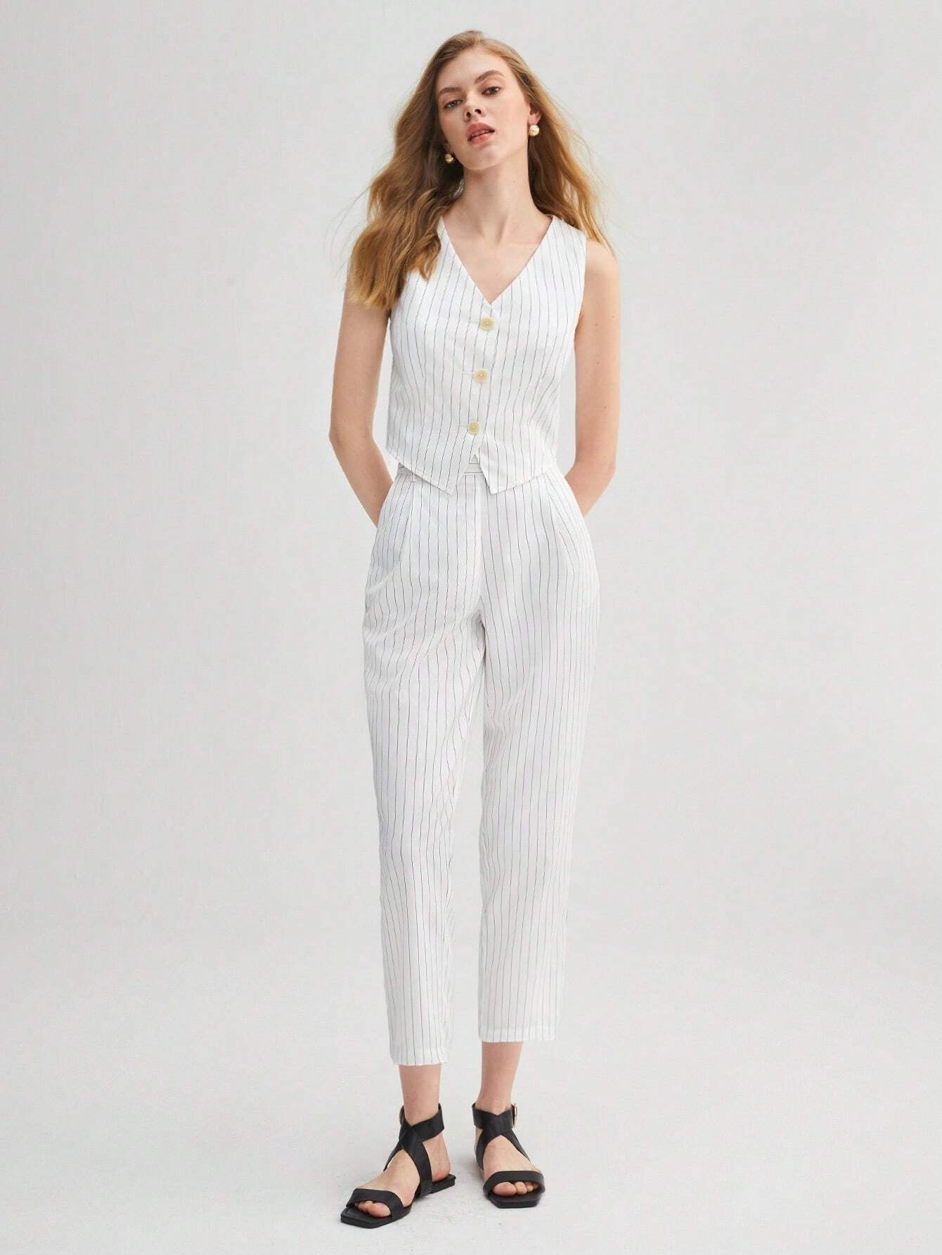 CM-SS026730 Women Elegant Seoul Style Striped Print Vest Blazer With Pants - Set