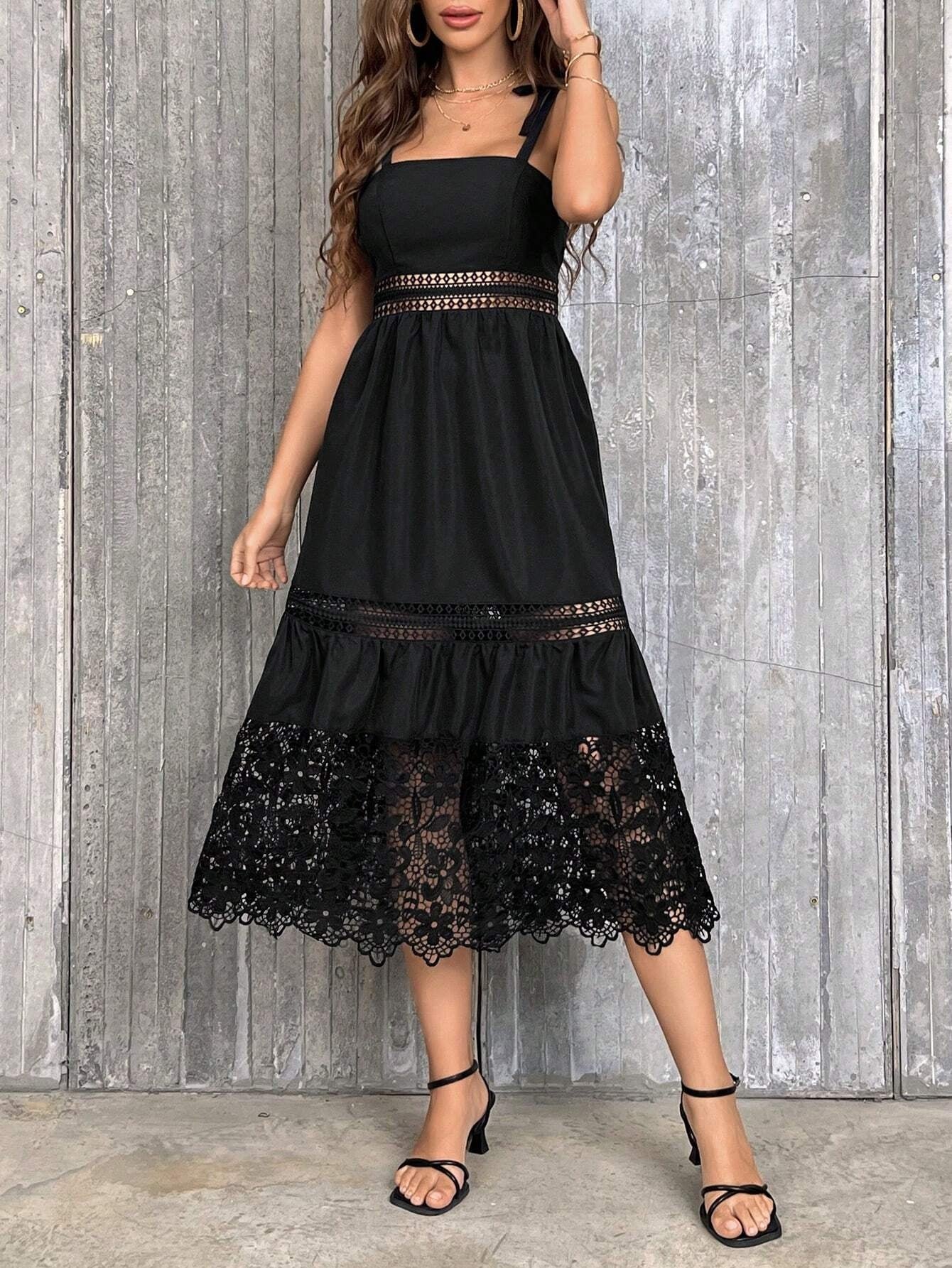 CM-DS276337 Women Trendy Bohemian Style Guipure Lace Insert Tie Shoulder Ruffle Hem Cami Dress