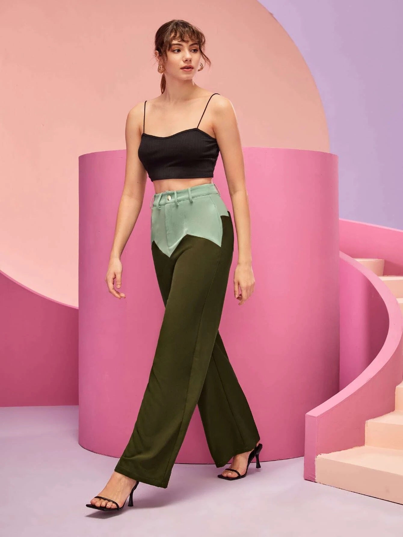 CM-BS044454 Women Elegant Seoul Style High Waist Color Block Wide Leg Pants - Army Green