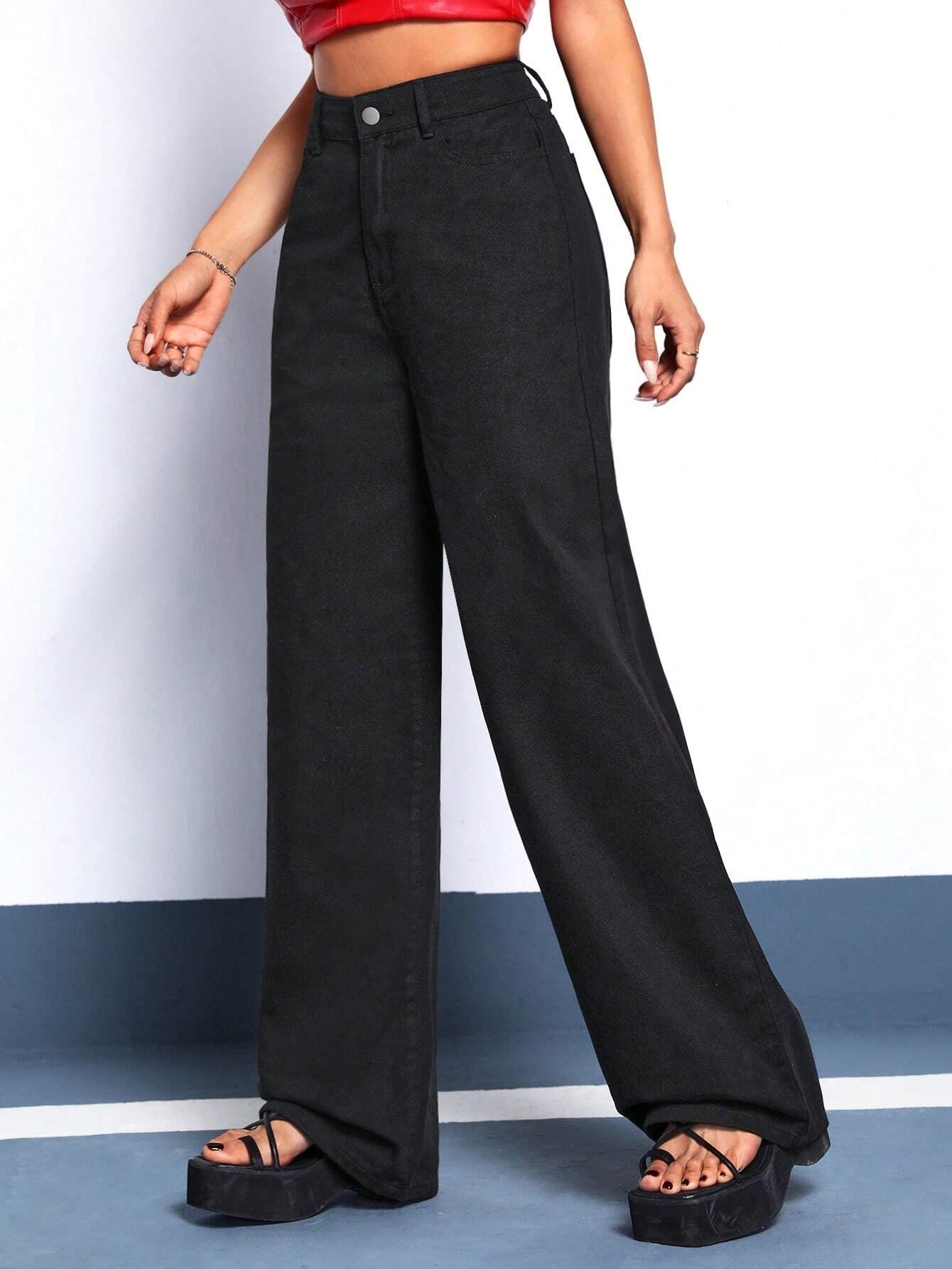 CM-BS066776 Women Casual Seoul Style Solid Wide Leg Jeans - Black