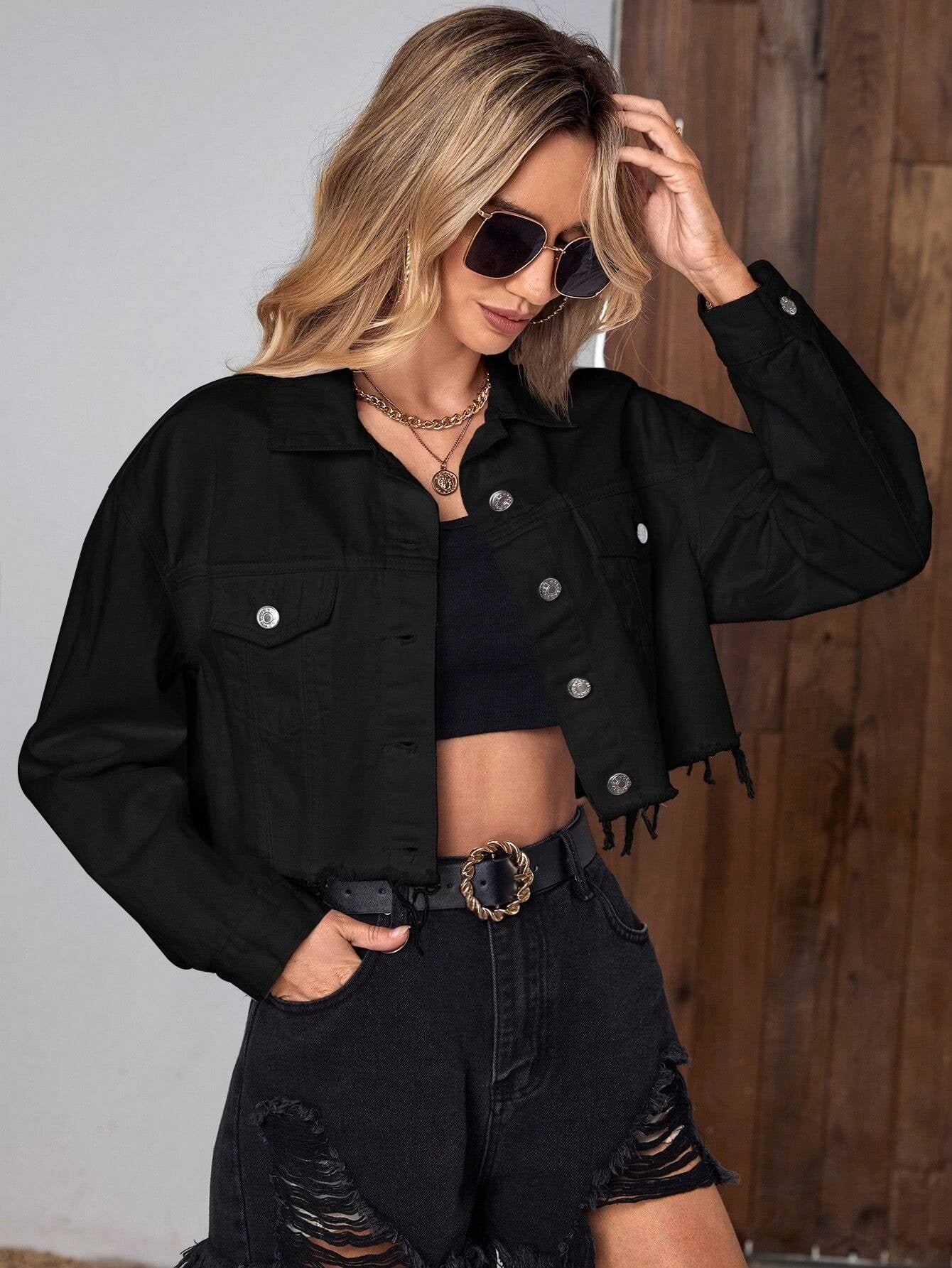 CM-CS501505 Women Casual Seoul Style Flap Pocket Raw Hem Denim Jacket - Black