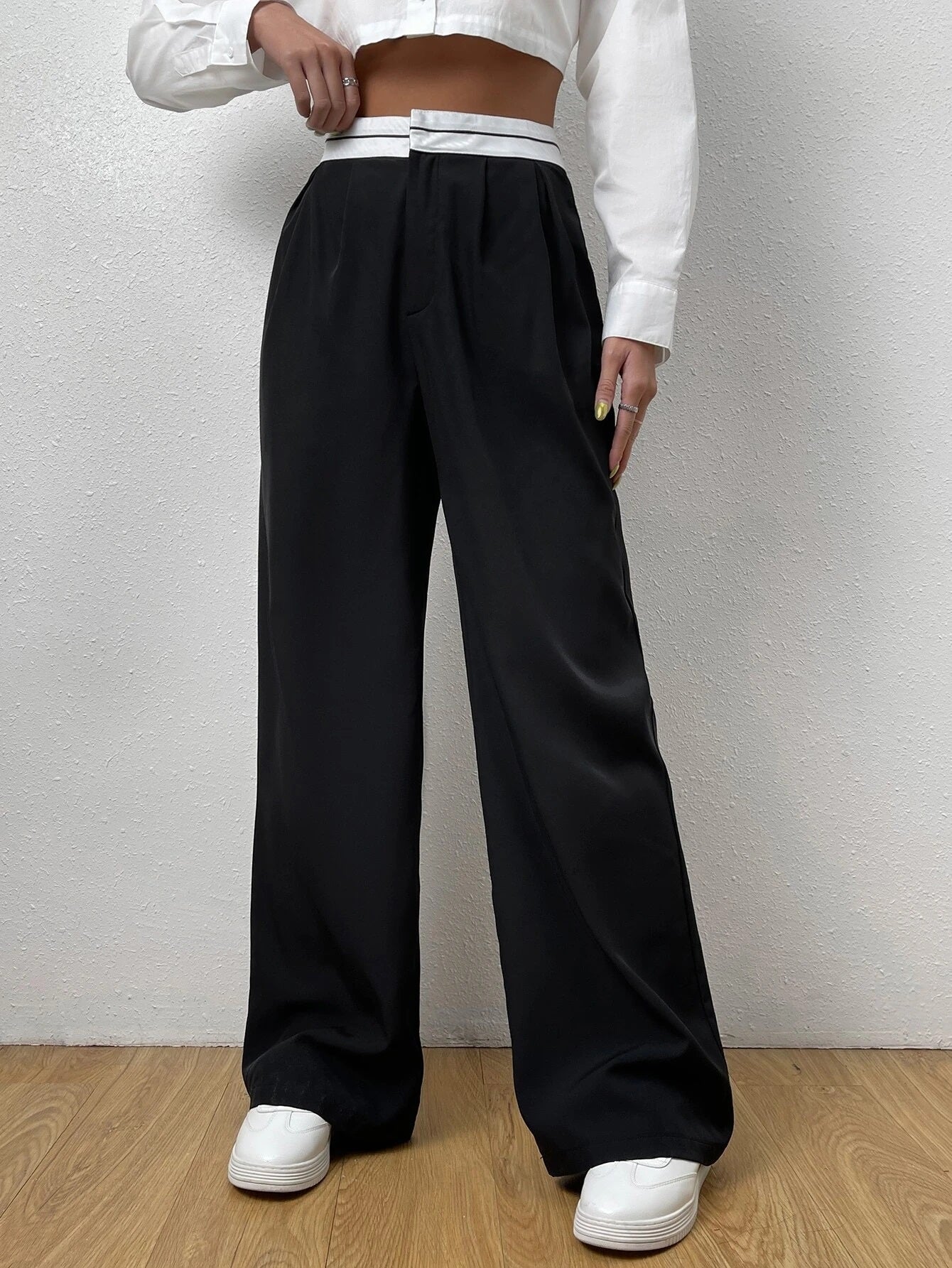 CM-BS783068 Women Casual Seoul Style Striped Waistband Wide Leg Pants - Black