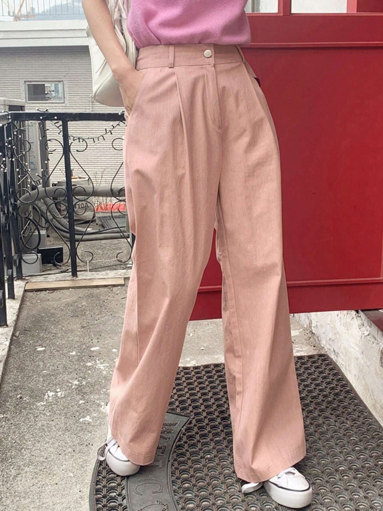 CM-BS190903 Women Casual Seoul Style Solid Slant Pocket Wide Leg Pants - Pink