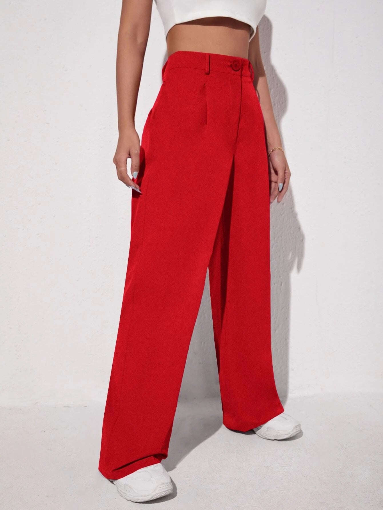 CM-BS245342 Women Elegant Seoul Style Solid Slant Pocket Wide Leg Pants - Red