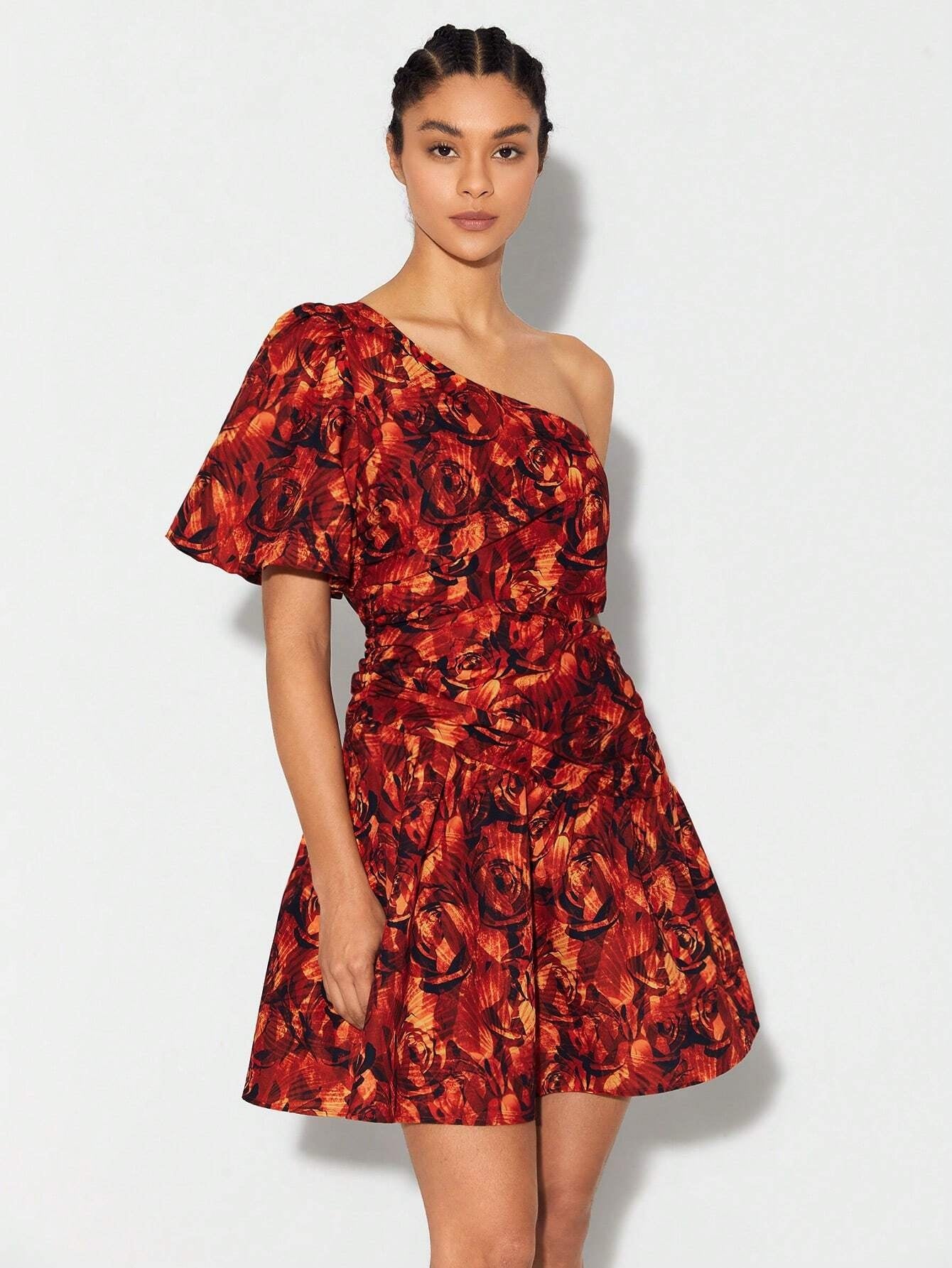 CM-DS067840 Women Seoul Style Floral Print One Shoulder Butterfly Sleeve Ruffle Hem Dress