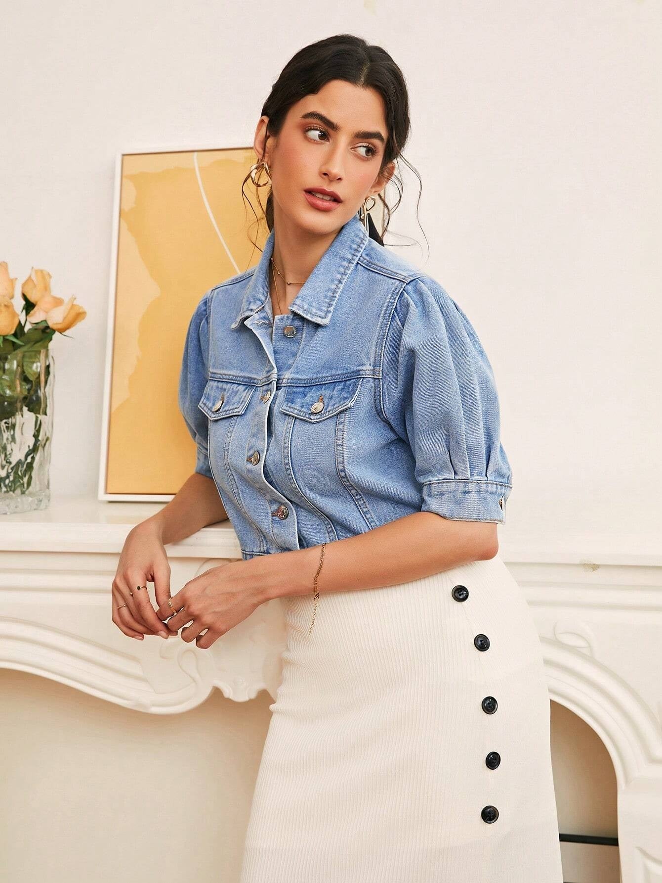 CM-CS629892 Women Casual Seoul Style Light Wash Flap Detail Button Front Denim Jacket