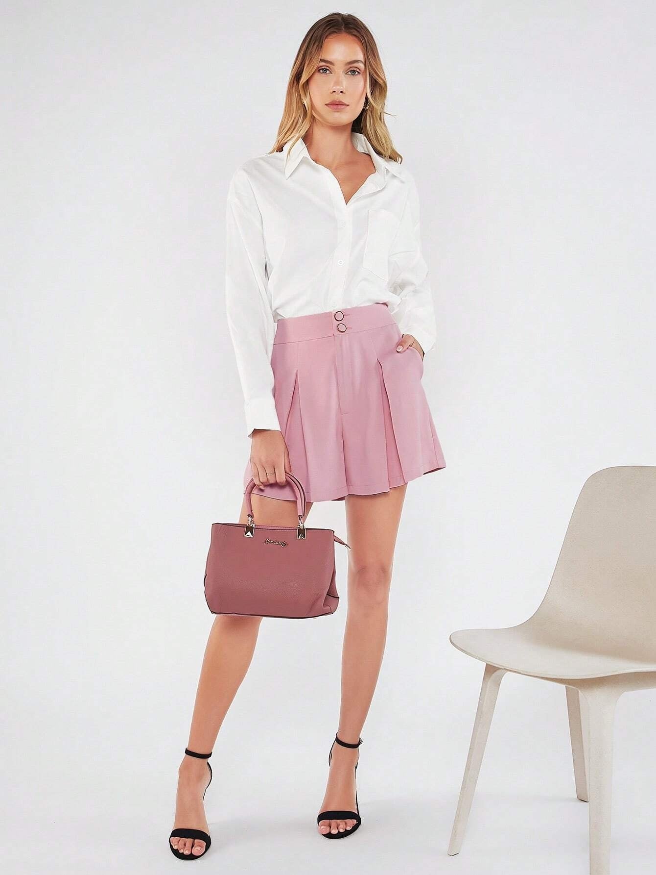 CM-BS994970 Women Casual Seoul Style Solid Fold Pleated Wide Leg Shorts - Baby Pink