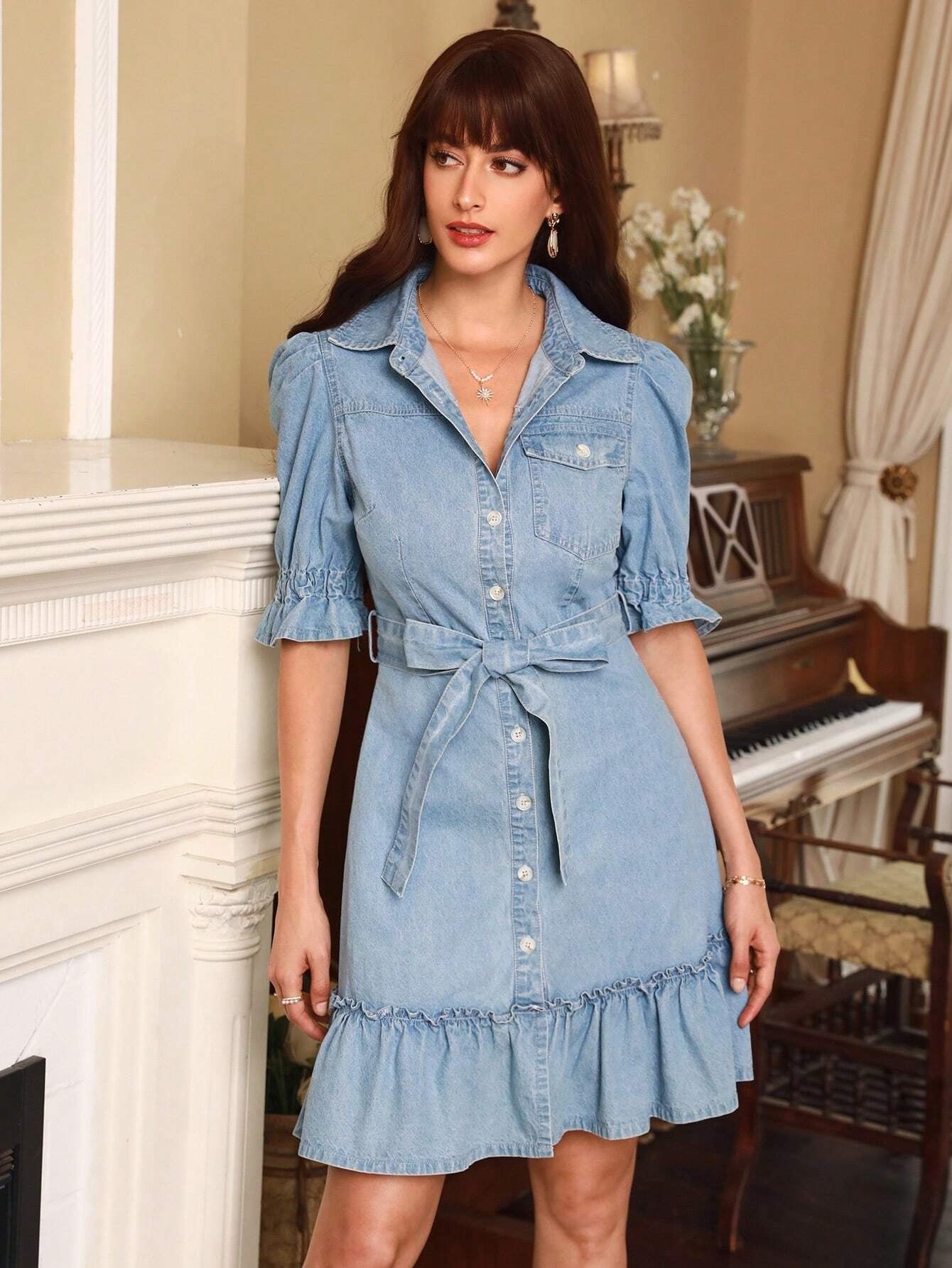 CM-DS711481 Women Casual Seoul Style Puff Sleeve Ruffle Hem Belted Denim Dress